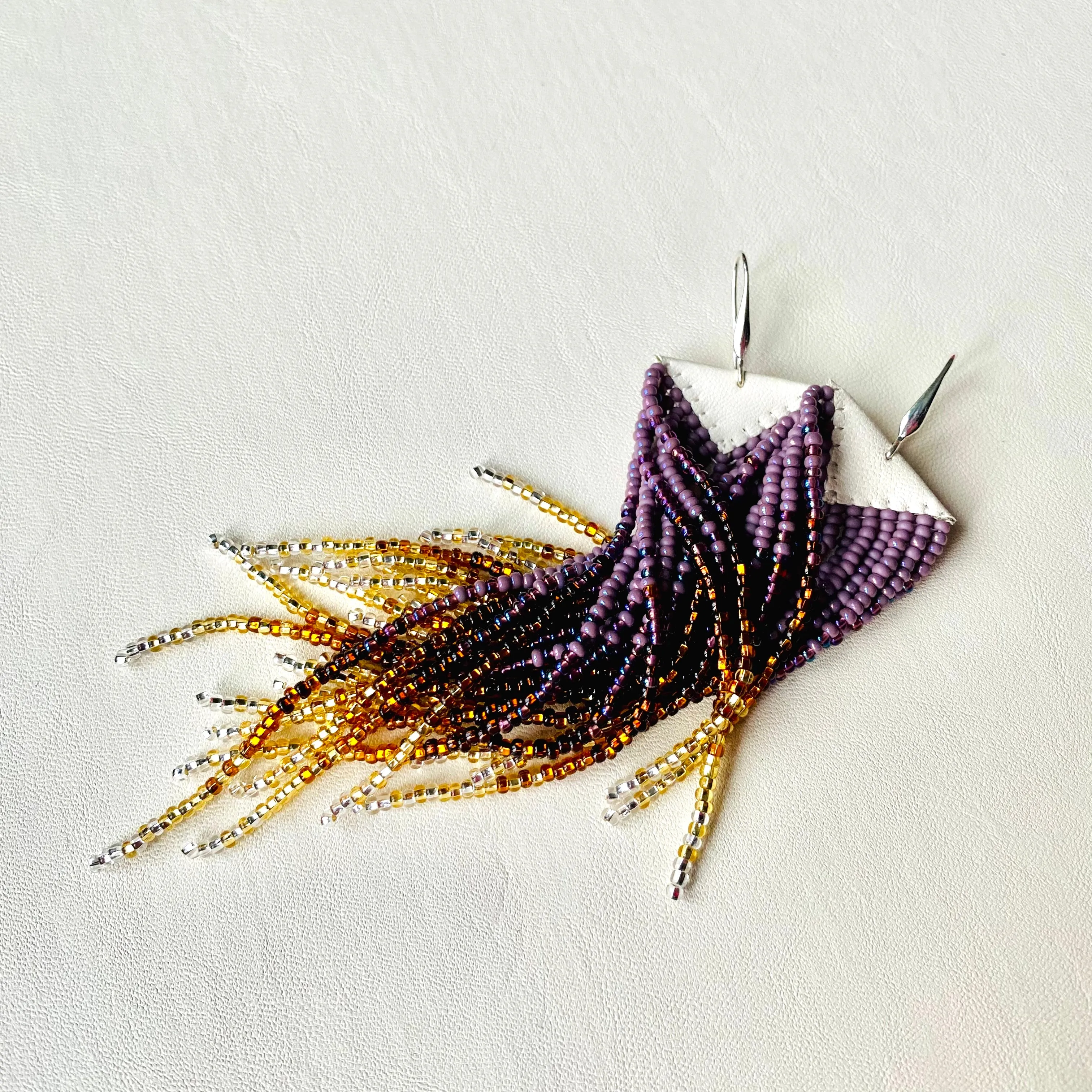 Luxury Handmade Long Dangle Ombre Purple Gold Seed Bead Earrings for Women in boho style.
