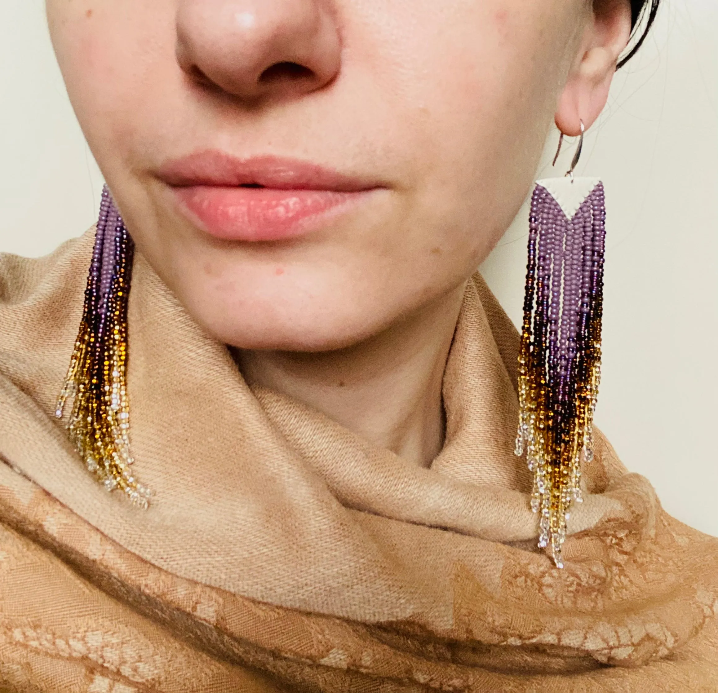 Luxury Handmade Long Dangle Ombre Purple Gold Seed Bead Earrings for Women in boho style.