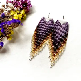 Luxury Handmade Long Dangle Ombre Purple Gold Seed Bead Earrings for Women in boho style.