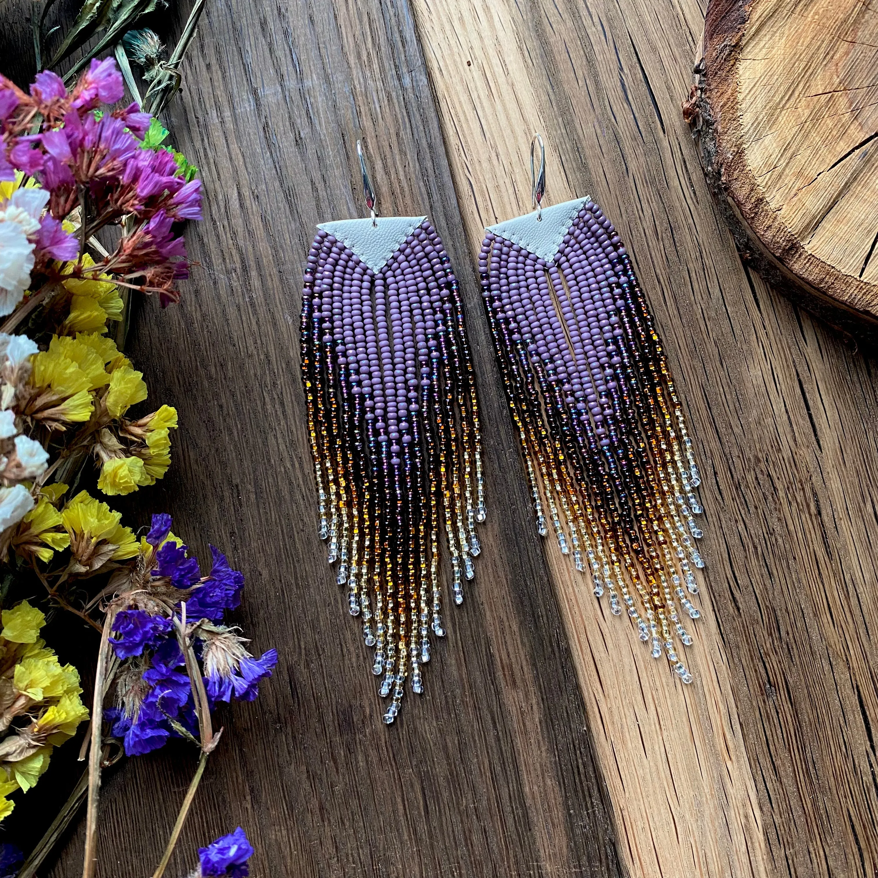 Luxury Handmade Long Dangle Ombre Purple Gold Seed Bead Earrings for Women in boho style.