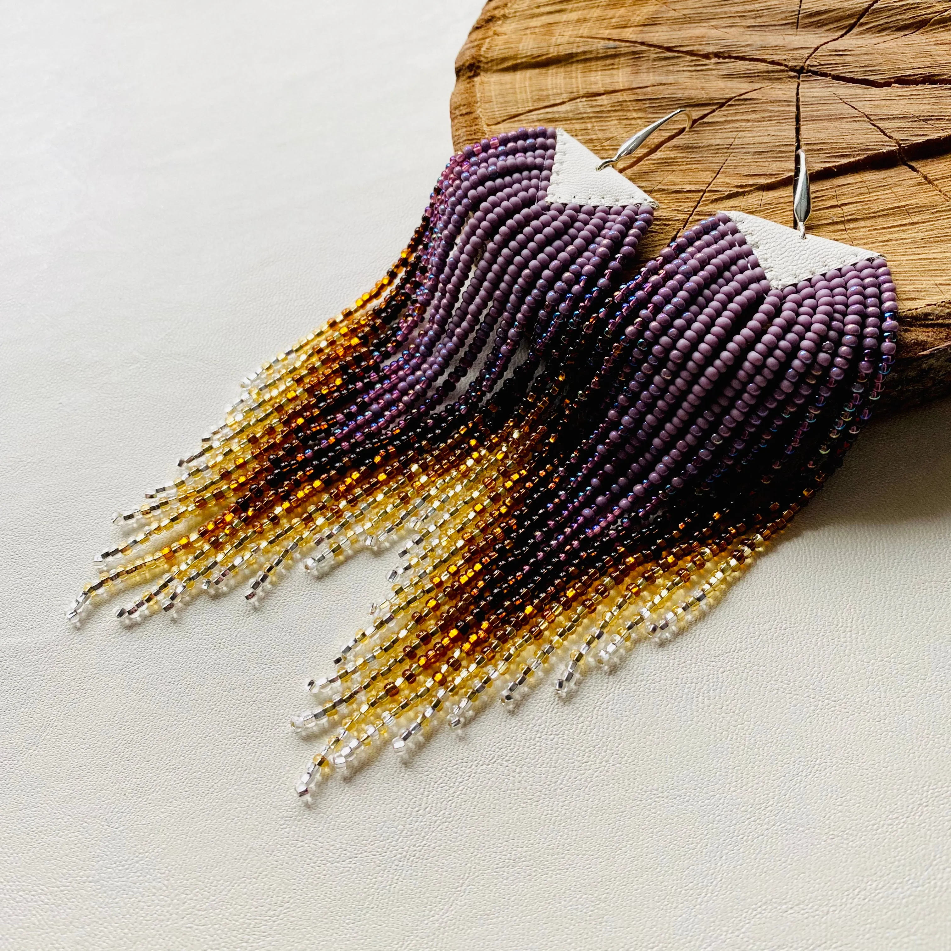 Luxury Handmade Long Dangle Ombre Purple Gold Seed Bead Earrings for Women in boho style.
