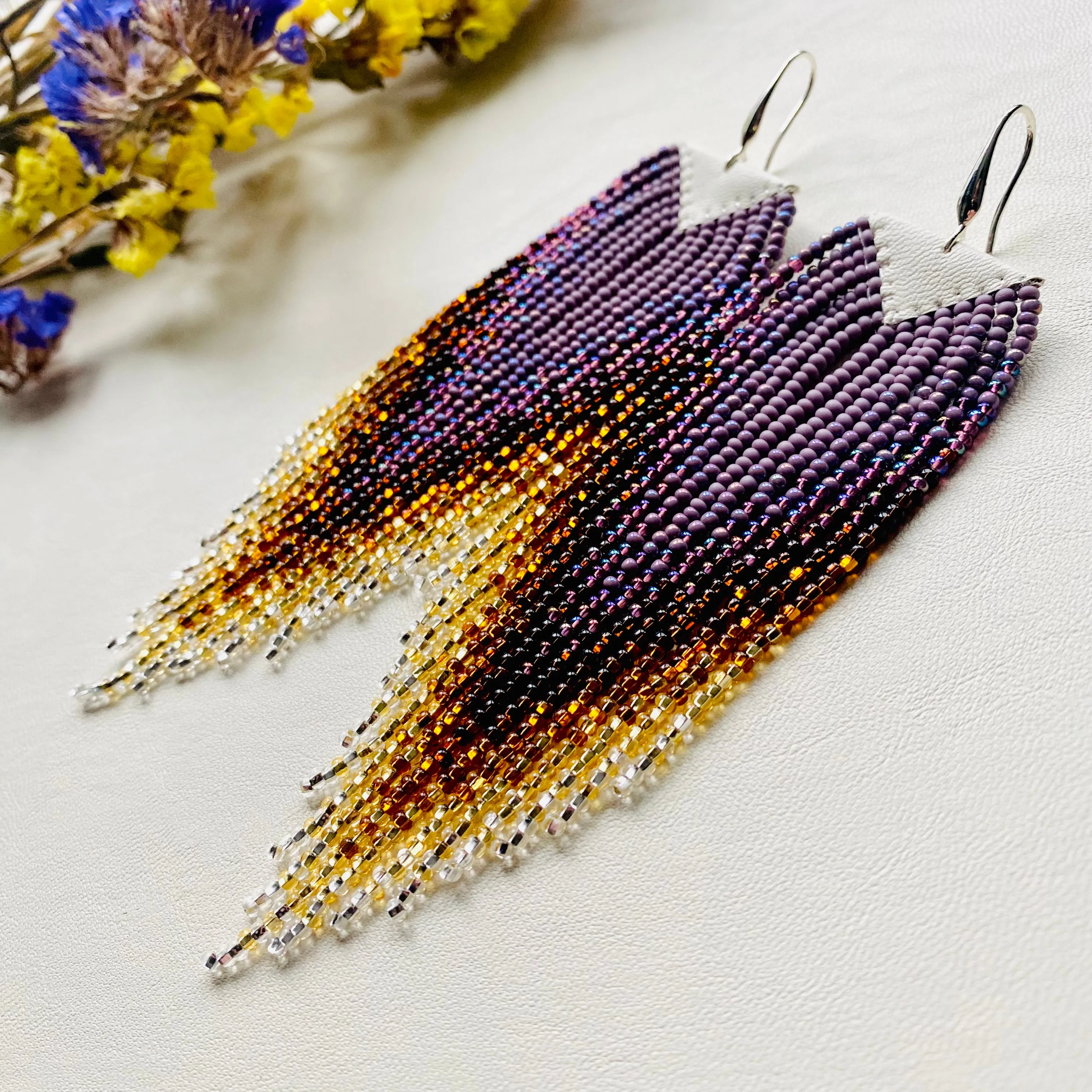 Luxury Handmade Long Dangle Ombre Purple Gold Seed Bead Earrings for Women in boho style.