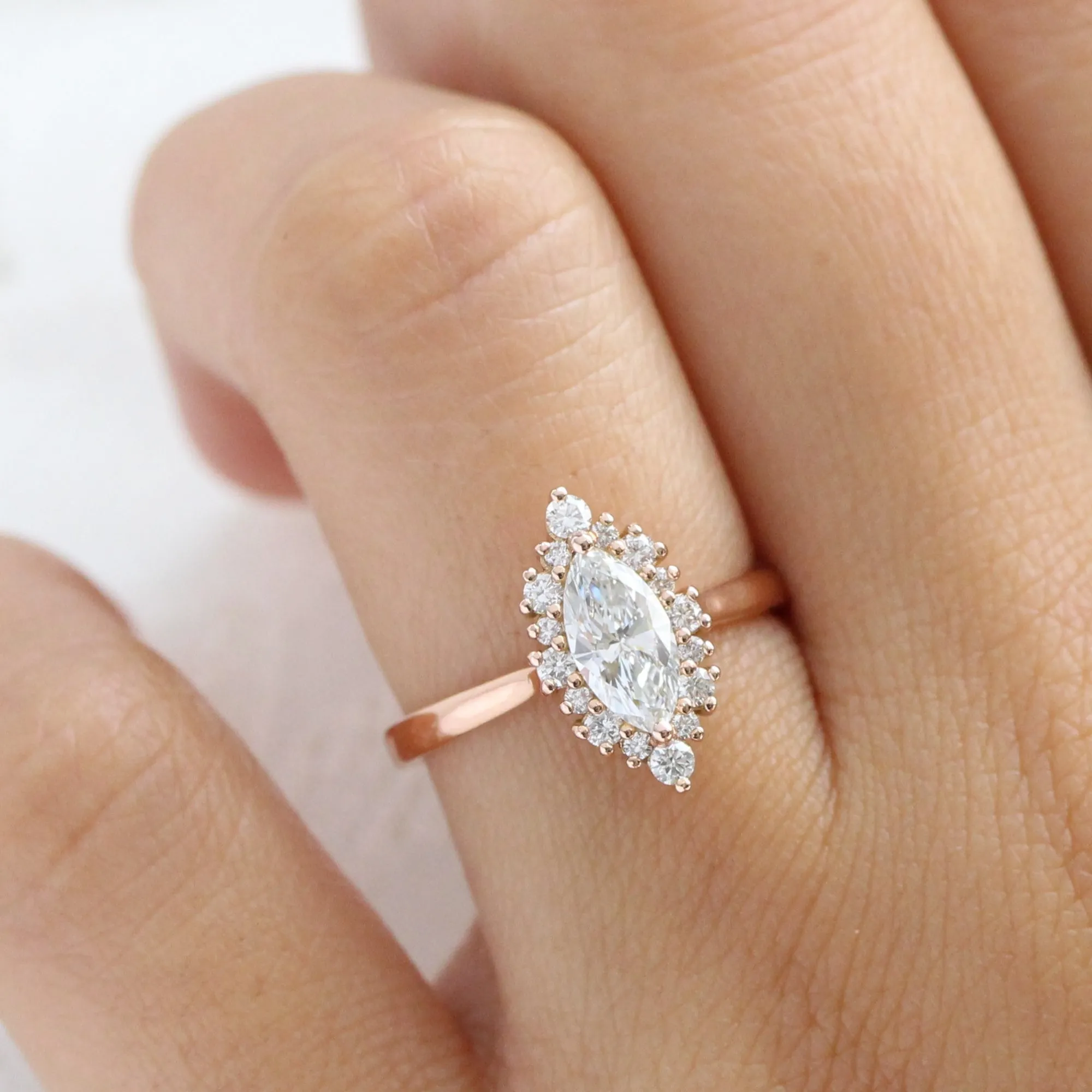 Marquise Cut Lab Diamond Ring w/ Natural Diamonds in Tiara Halo Ring