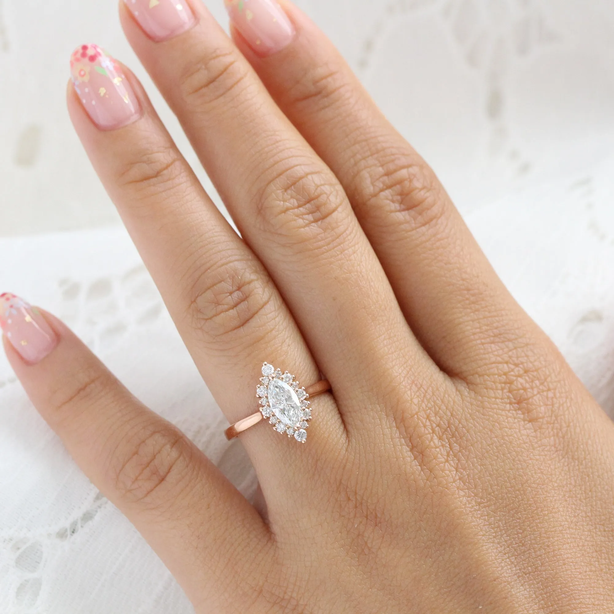 Marquise Cut Lab Diamond Ring w/ Natural Diamonds in Tiara Halo Ring