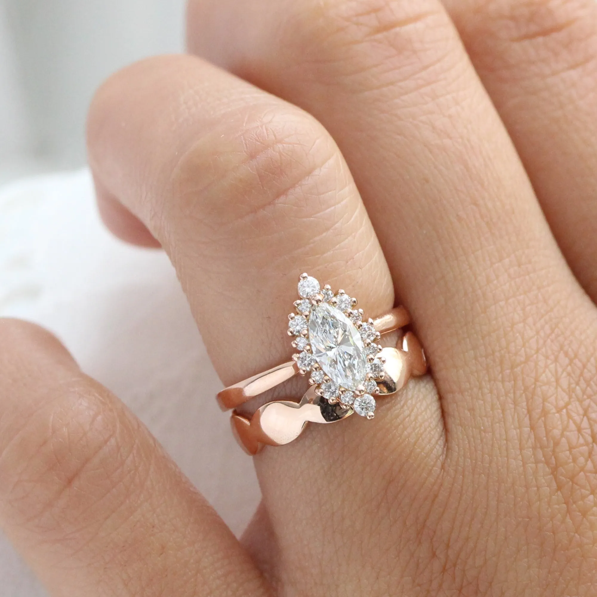 Marquise Cut Lab Diamond Ring w/ Natural Diamonds in Tiara Halo Ring