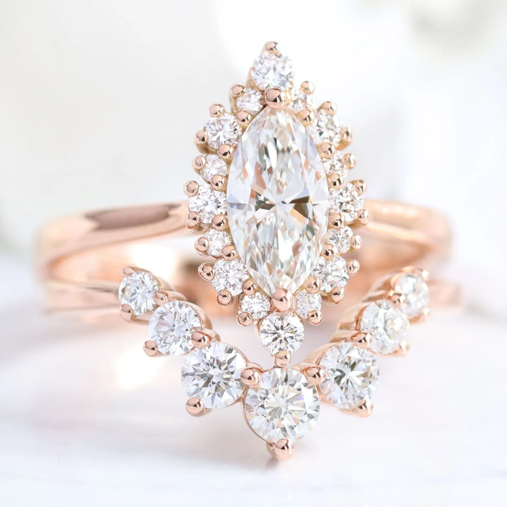 Marquise Cut Lab Diamond Ring w/ Natural Diamonds in Tiara Halo Ring