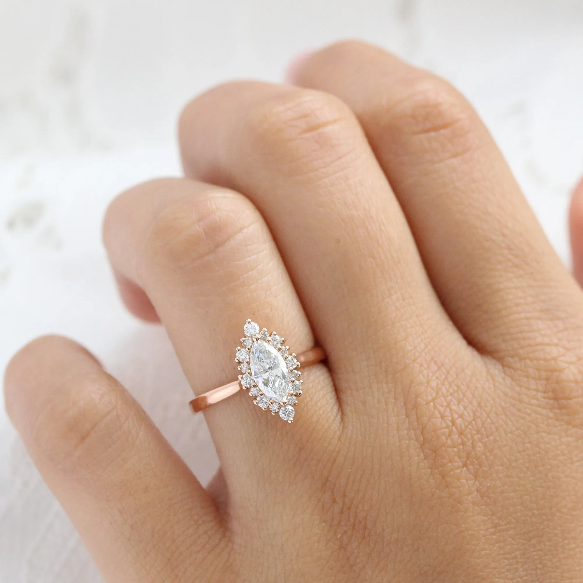 Marquise Cut Lab Diamond Ring w/ Natural Diamonds in Tiara Halo Ring