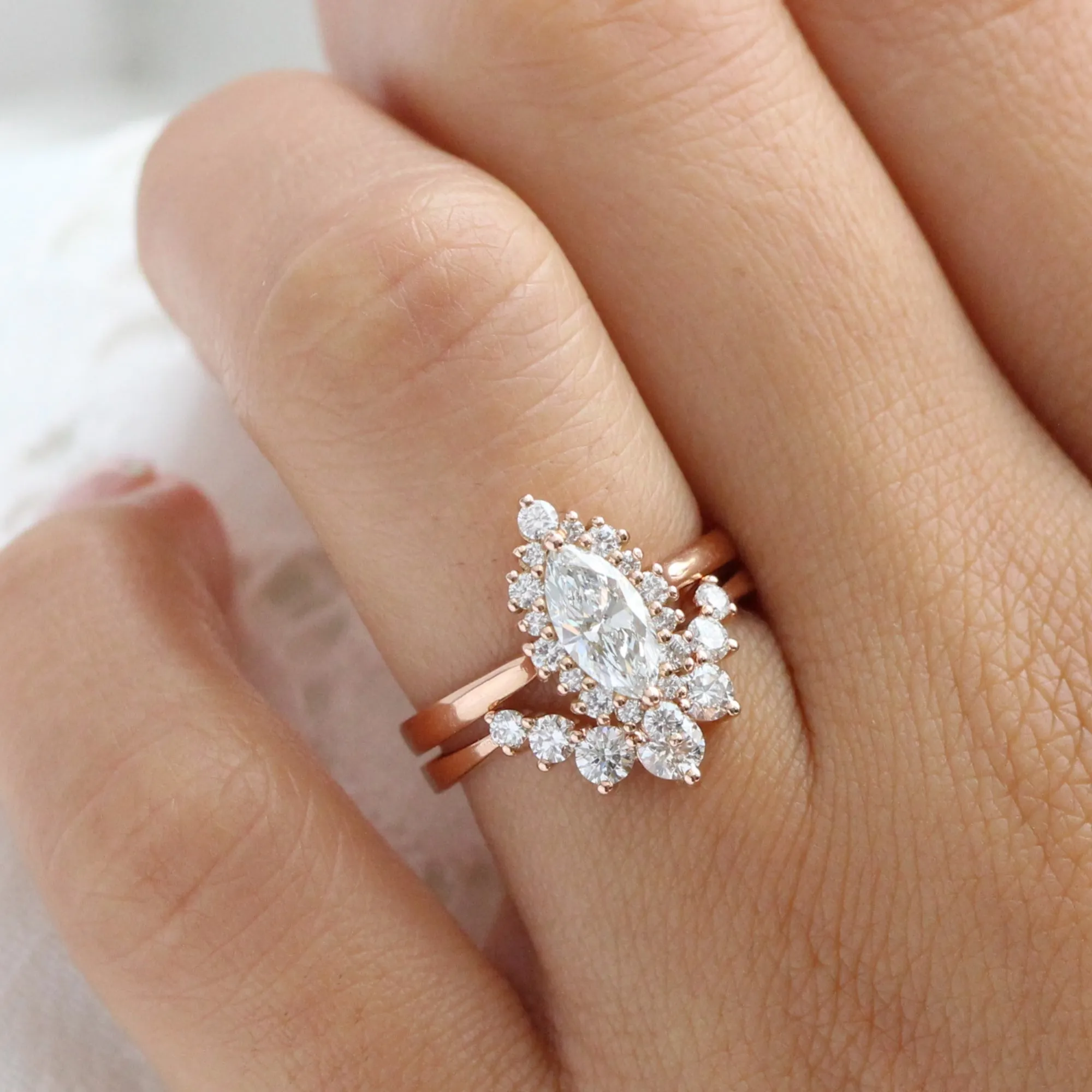 Marquise Cut Lab Diamond Ring w/ Natural Diamonds in Tiara Halo Ring
