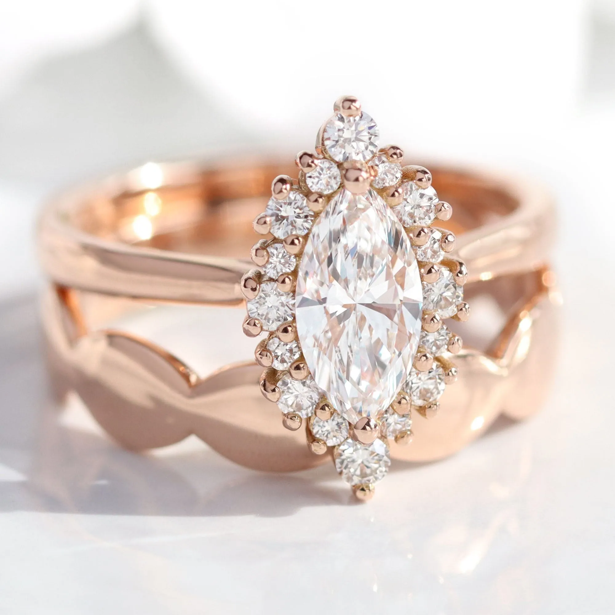 Marquise Cut Lab Diamond Ring w/ Natural Diamonds in Tiara Halo Ring