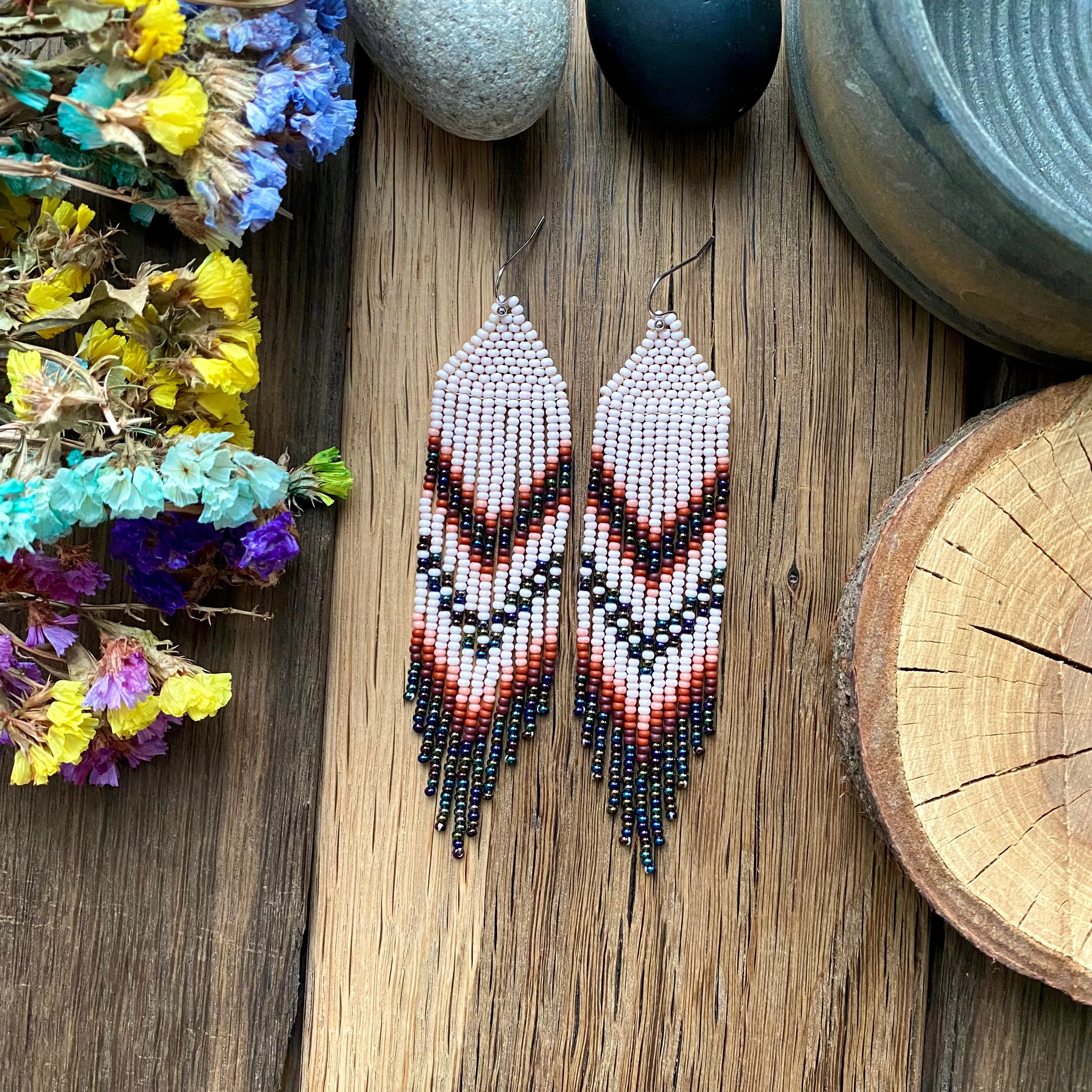 Navy Blue Ivory Seed Bead Chandelier Earrings, Indigenous style Earrings Native inspired, Earthy Fringe Earrings, Long Dangle Earring