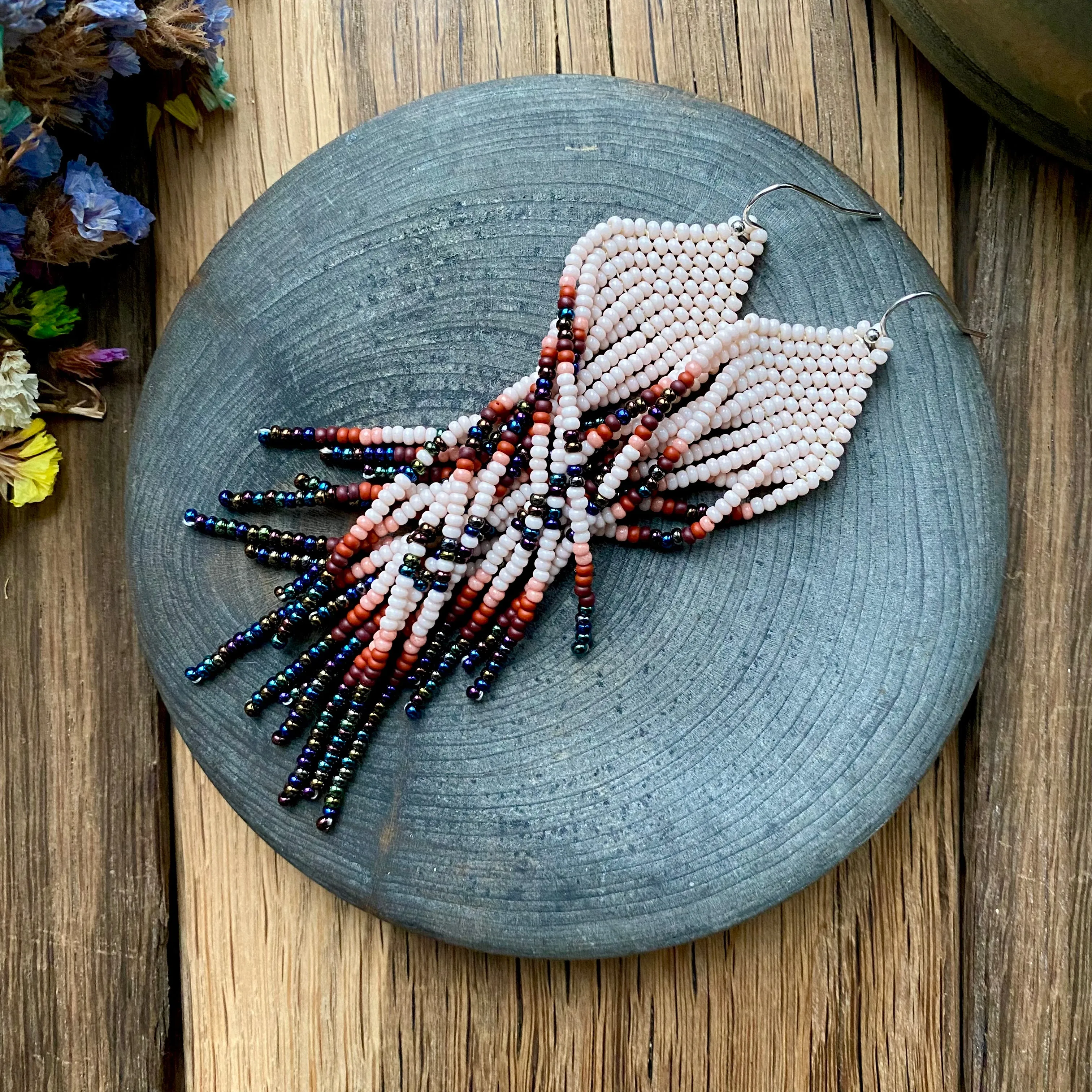 Navy Blue Ivory Seed Bead Chandelier Earrings, Indigenous style Earrings Native inspired, Earthy Fringe Earrings, Long Dangle Earring