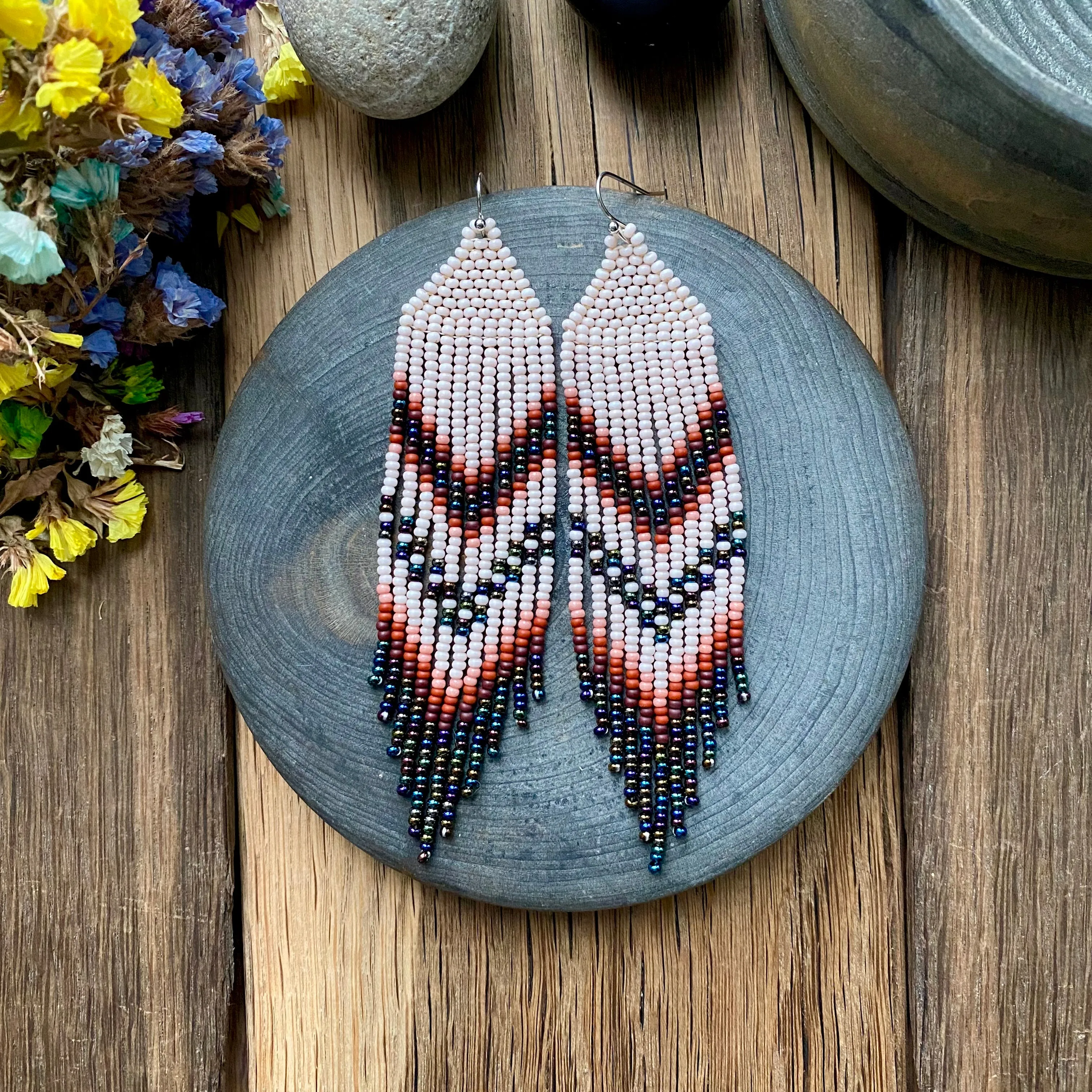 Navy Blue Ivory Seed Bead Chandelier Earrings, Indigenous style Earrings Native inspired, Earthy Fringe Earrings, Long Dangle Earring