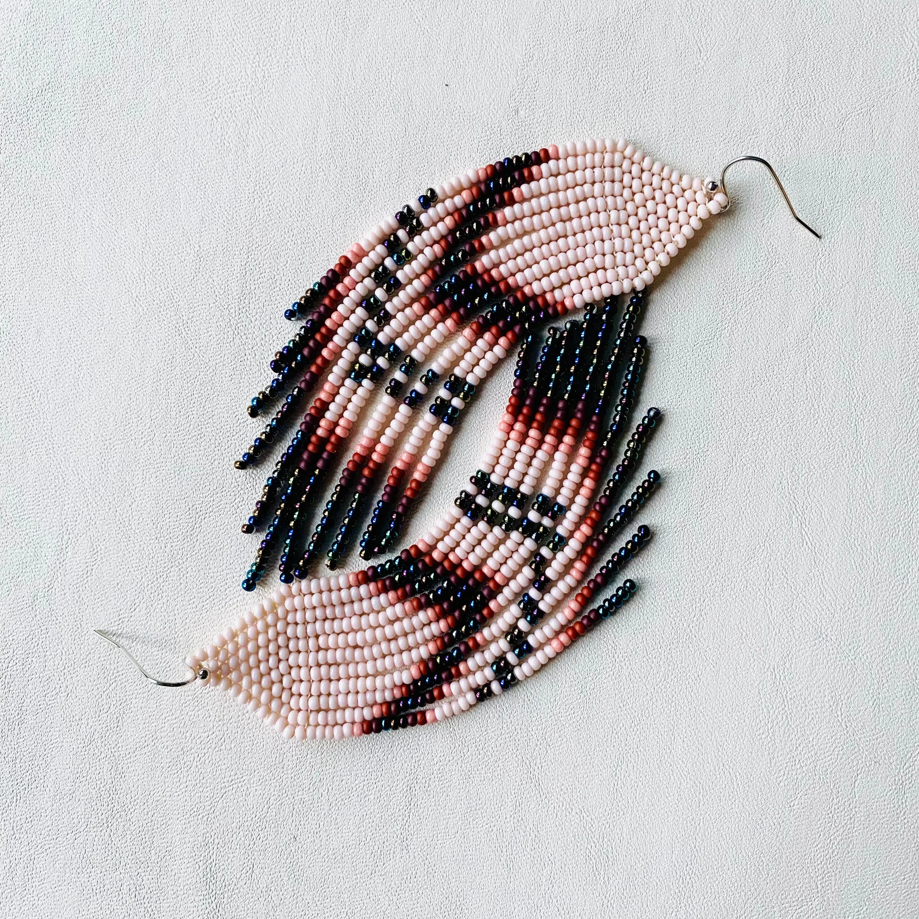 Navy Blue Ivory Seed Bead Chandelier Earrings, Indigenous style Earrings Native inspired, Earthy Fringe Earrings, Long Dangle Earring