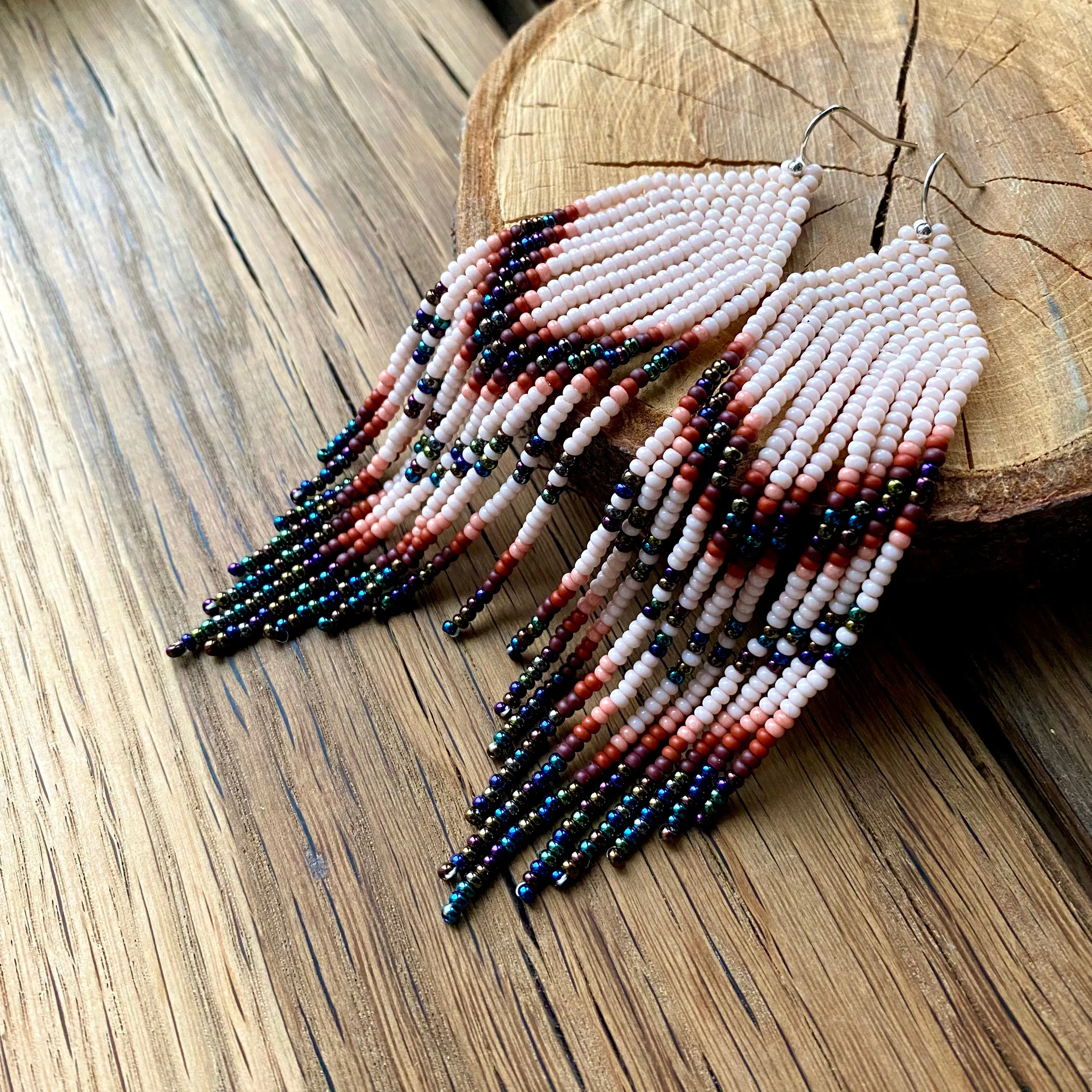 Navy Blue Ivory Seed Bead Chandelier Earrings, Indigenous style Earrings Native inspired, Earthy Fringe Earrings, Long Dangle Earring