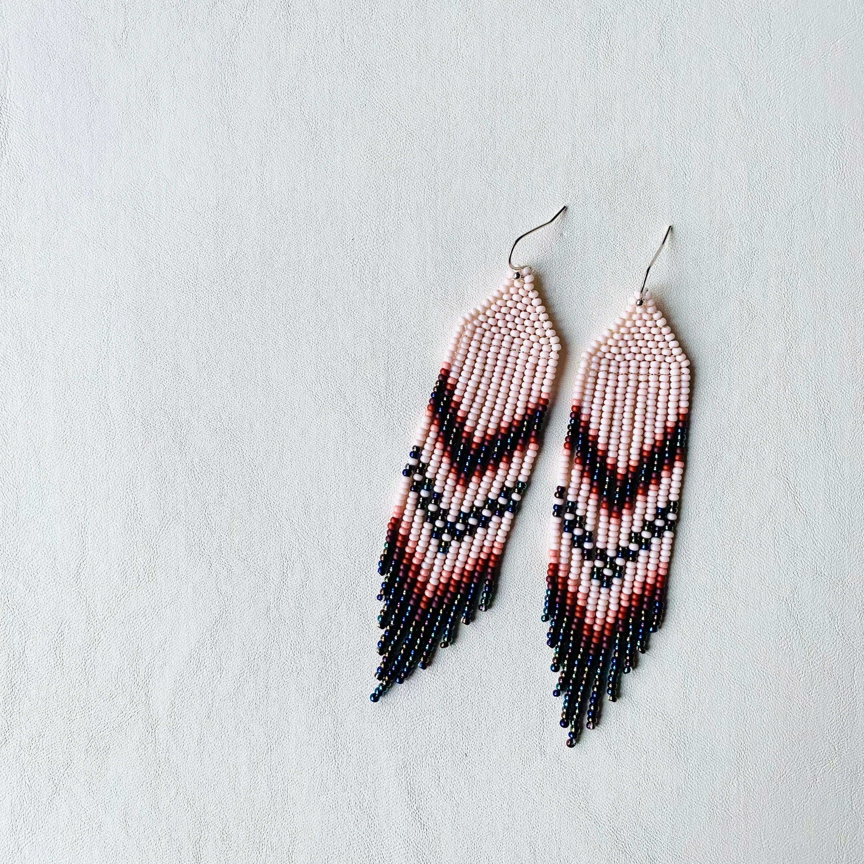 Navy Blue Ivory Seed Bead Chandelier Earrings, Indigenous style Earrings Native inspired, Earthy Fringe Earrings, Long Dangle Earring