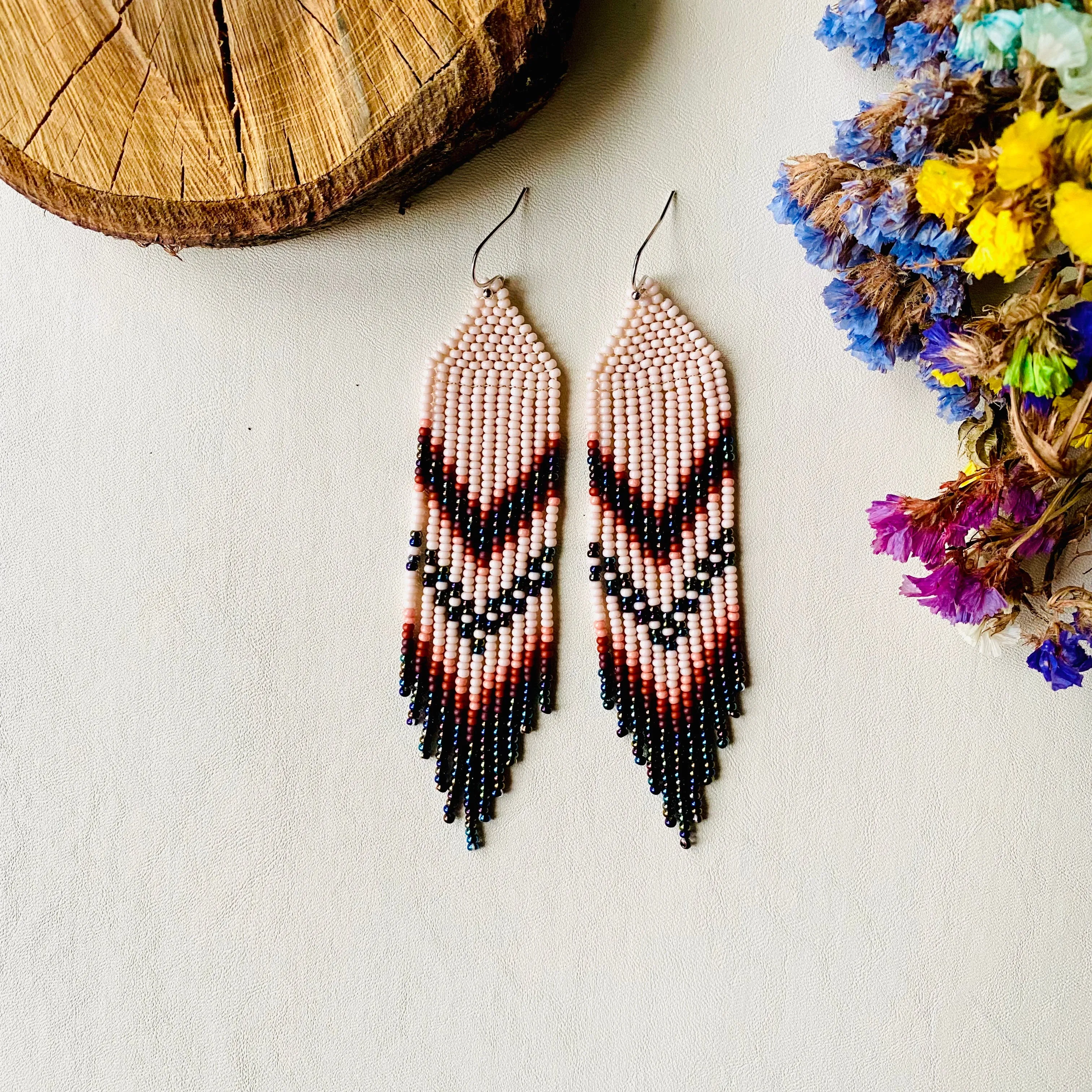 Navy Blue Ivory Seed Bead Chandelier Earrings, Indigenous style Earrings Native inspired, Earthy Fringe Earrings, Long Dangle Earring