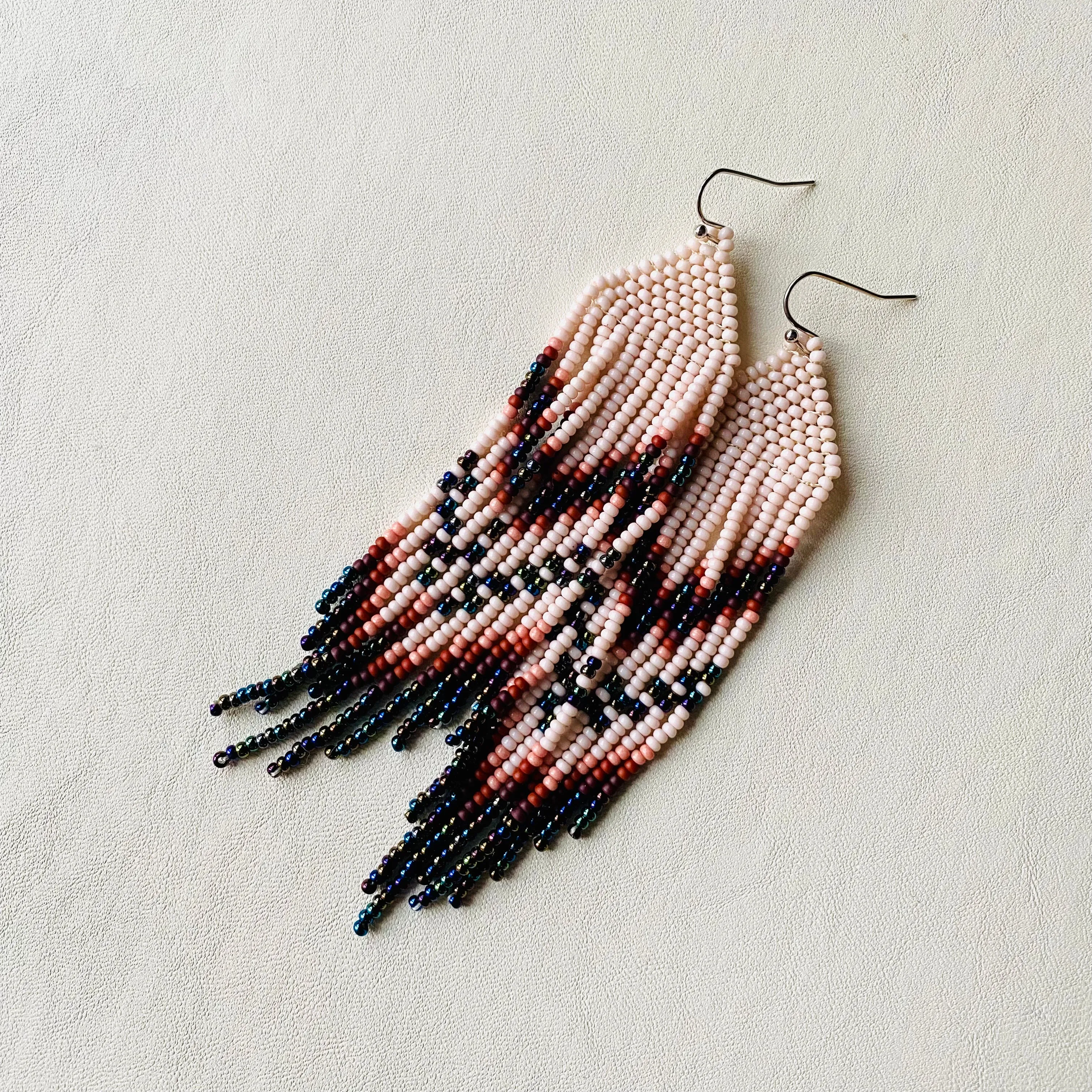 Navy Blue Ivory Seed Bead Chandelier Earrings, Indigenous style Earrings Native inspired, Earthy Fringe Earrings, Long Dangle Earring