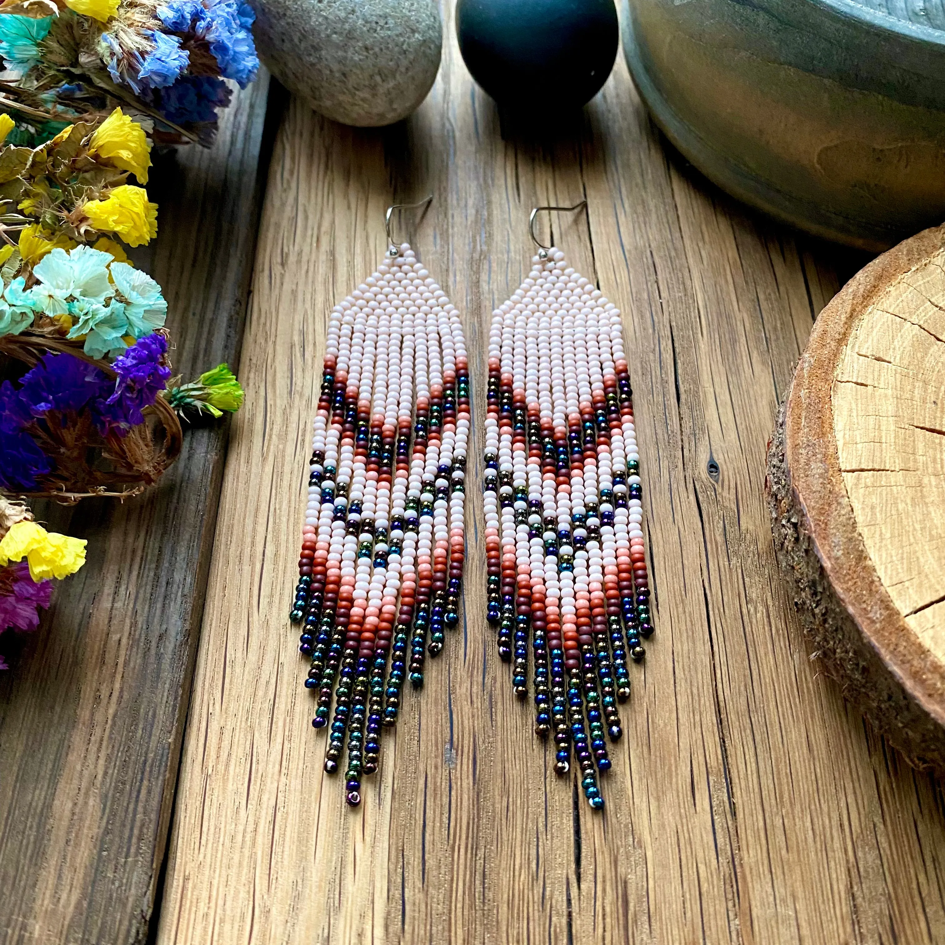 Navy Blue Ivory Seed Bead Chandelier Earrings, Indigenous style Earrings Native inspired, Earthy Fringe Earrings, Long Dangle Earring
