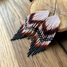 Navy Blue Ivory Seed Bead Chandelier Earrings, Indigenous style Earrings Native inspired, Earthy Fringe Earrings, Long Dangle Earring