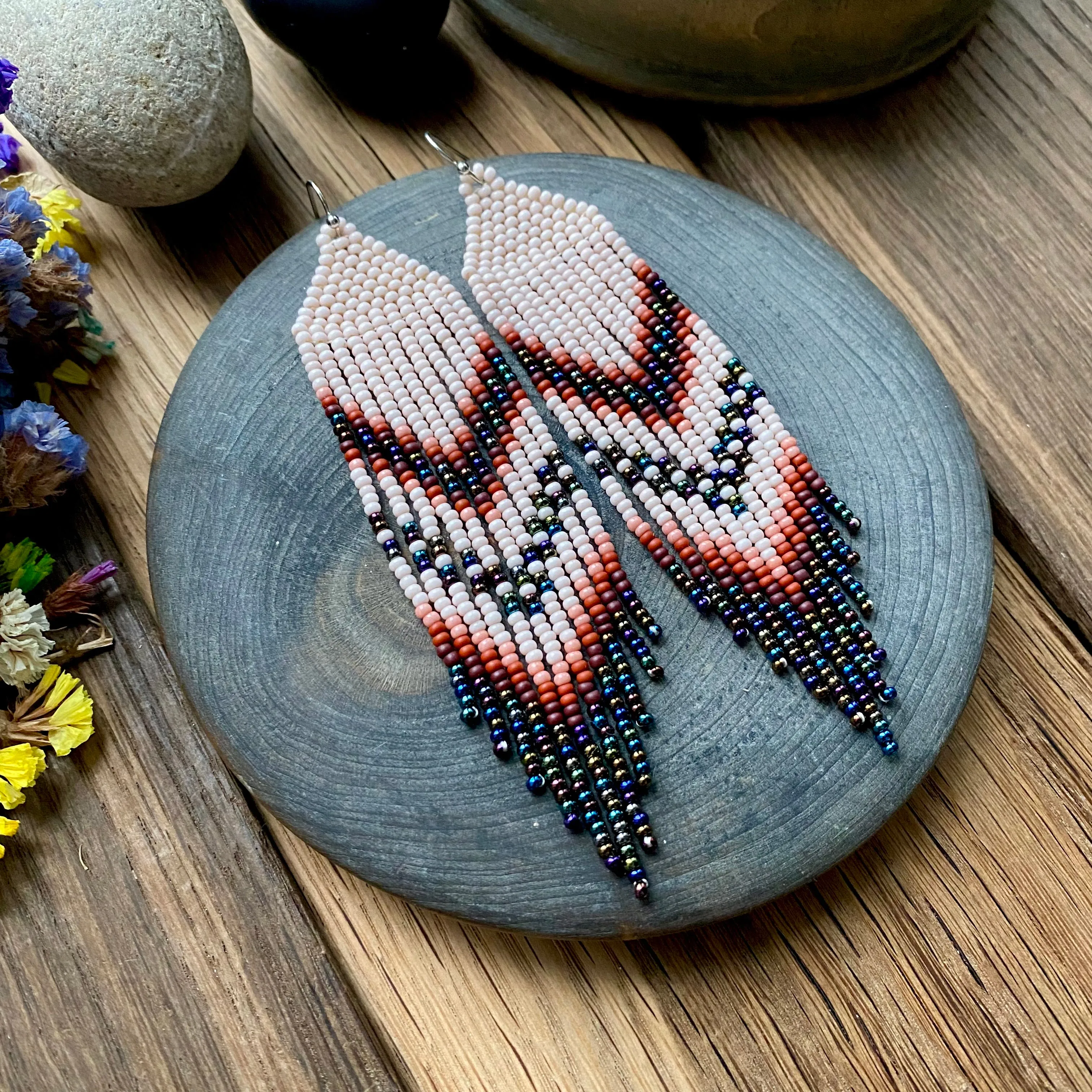 Navy Blue Ivory Seed Bead Chandelier Earrings, Indigenous style Earrings Native inspired, Earthy Fringe Earrings, Long Dangle Earring