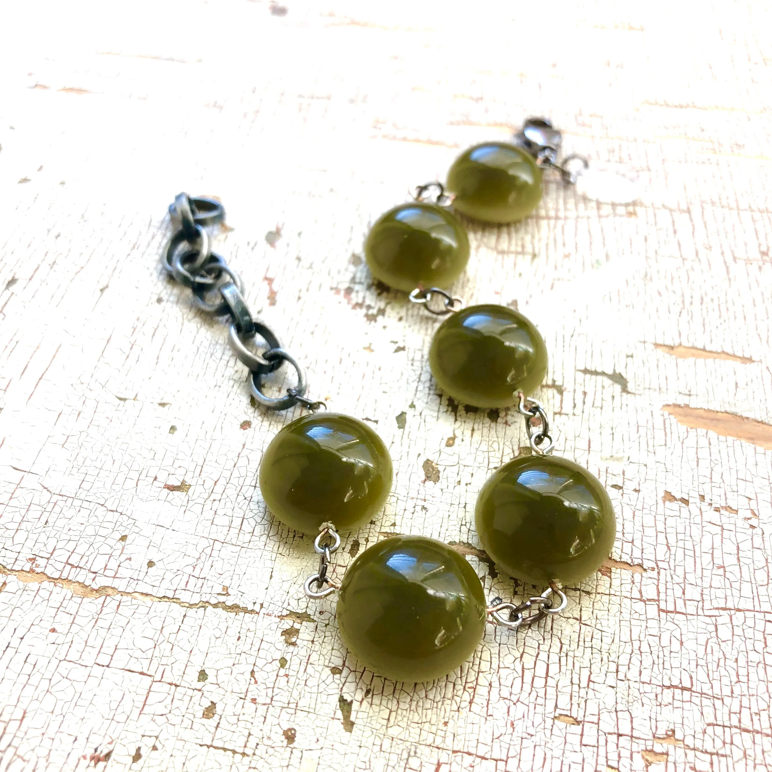 Olive Green Moonglow Disc Stations Bracelet