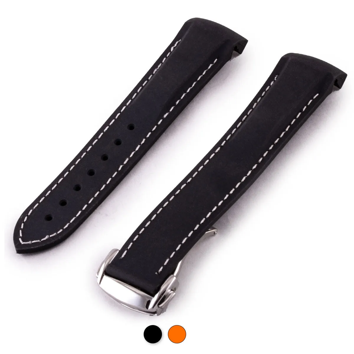 Omega Speedmaster / Seamaster - Bracelet montre caoutchouc - Rubber cousu (noir,orange)
