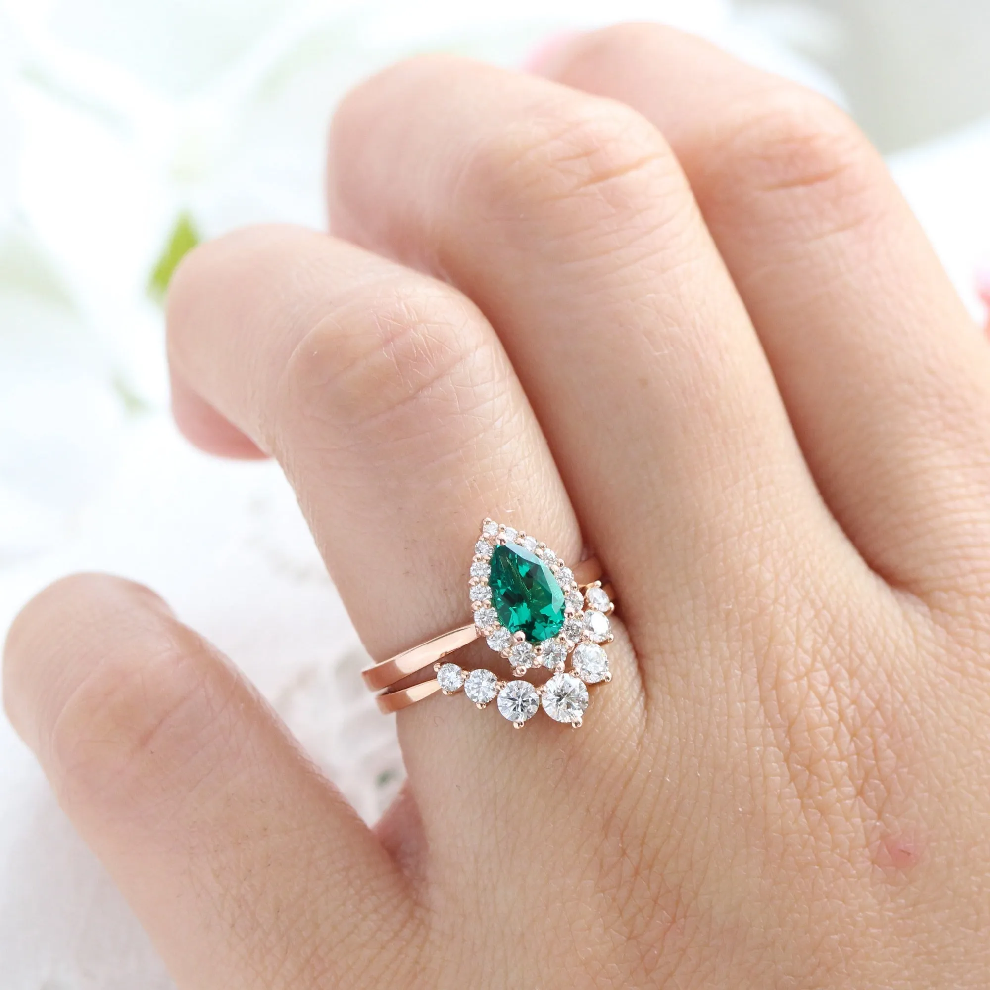 Pear Emerald Engagement Ring in Tiara Halo Diamond Tapered Band
