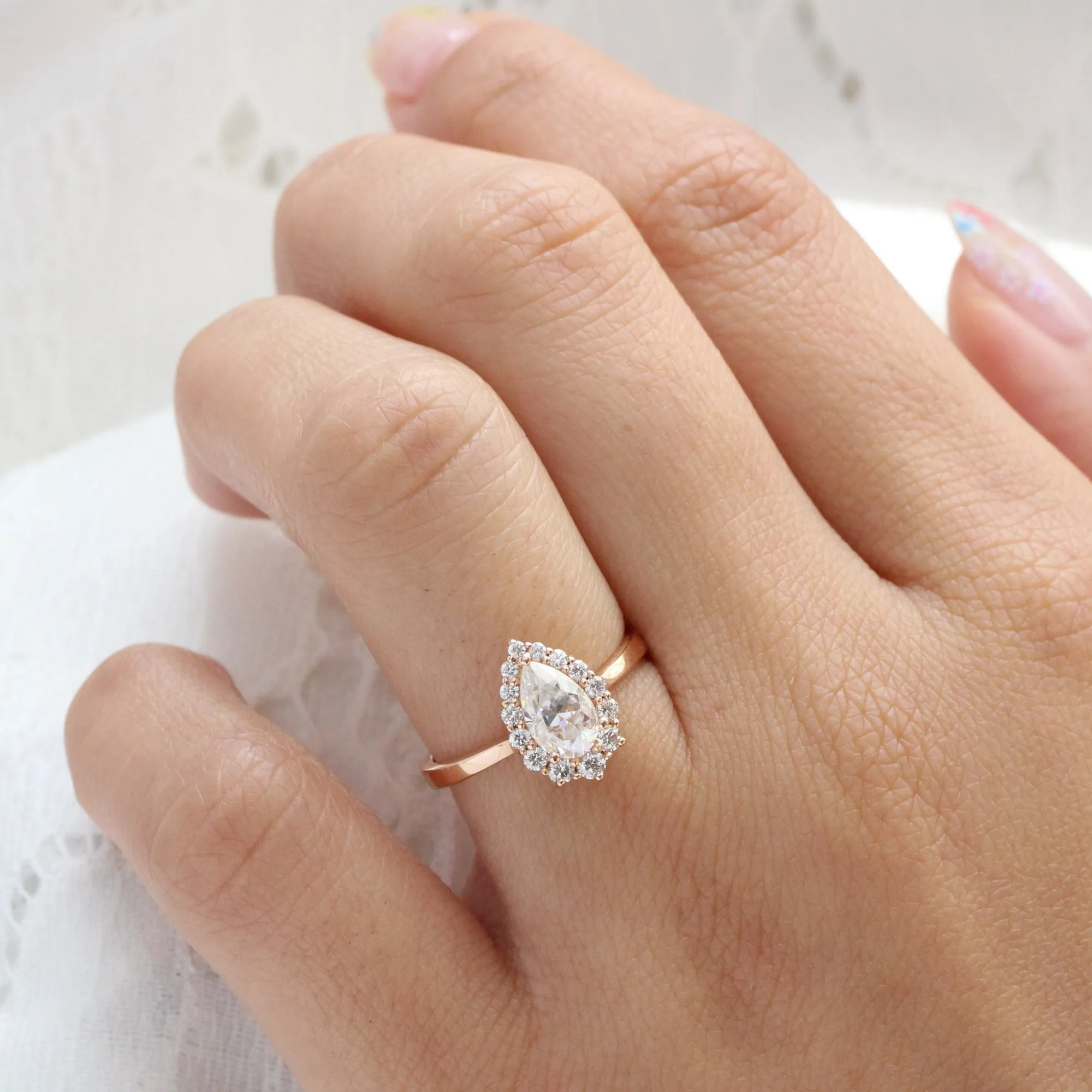 Pear Moissanite Diamond Ring in 14k Rose Gold Tiara Halo Tapered Band, Size 6.25