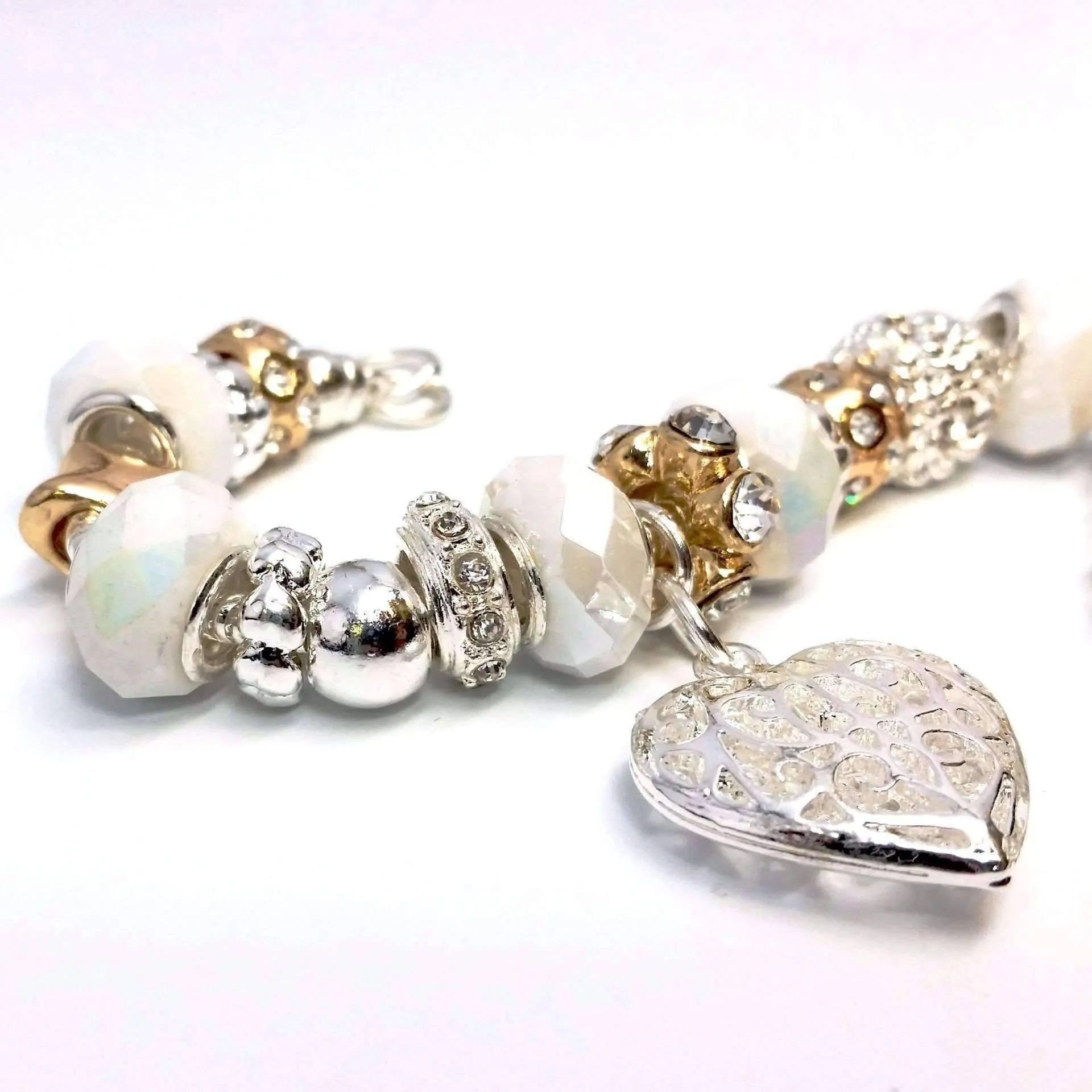 Pearl White Glass Beads With Heart Charm Bracelet For Woman