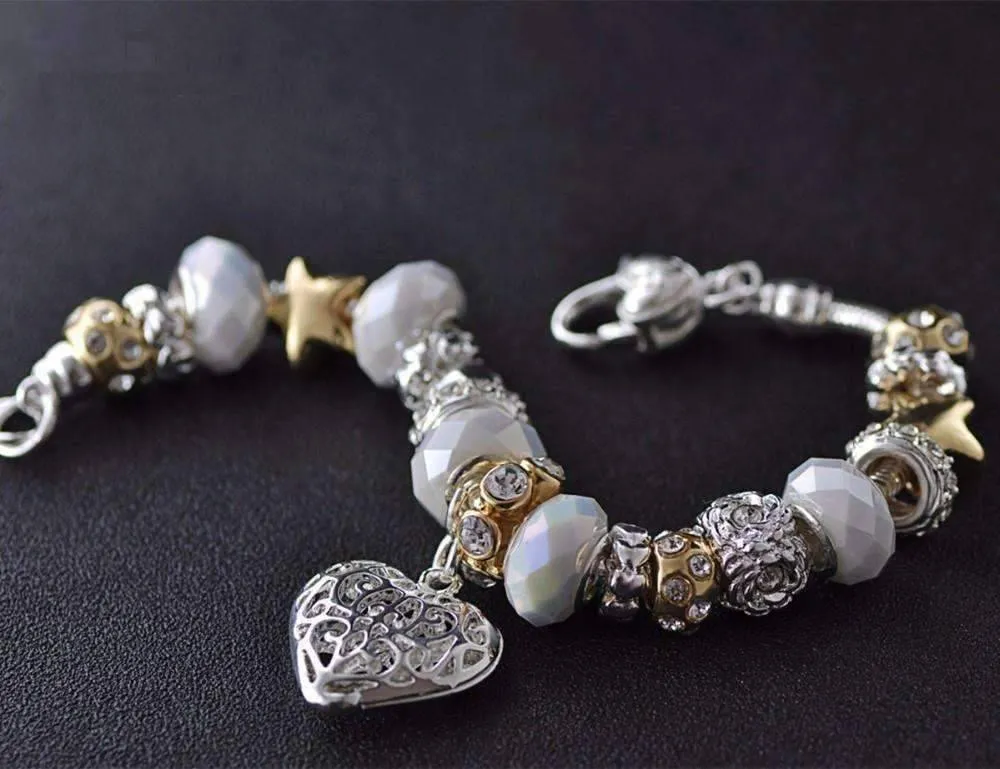 Pearl White Glass Beads With Heart Charm Bracelet For Woman