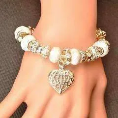 Pearl White Glass Beads With Heart Charm Bracelet For Woman