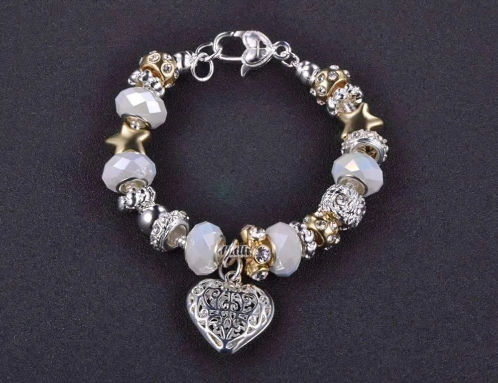Pearl White Glass Beads With Heart Charm Bracelet For Woman