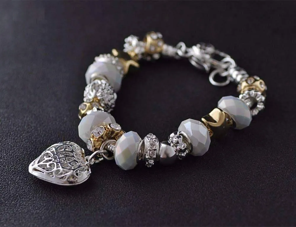 Pearl White Glass Beads With Heart Charm Bracelet For Woman