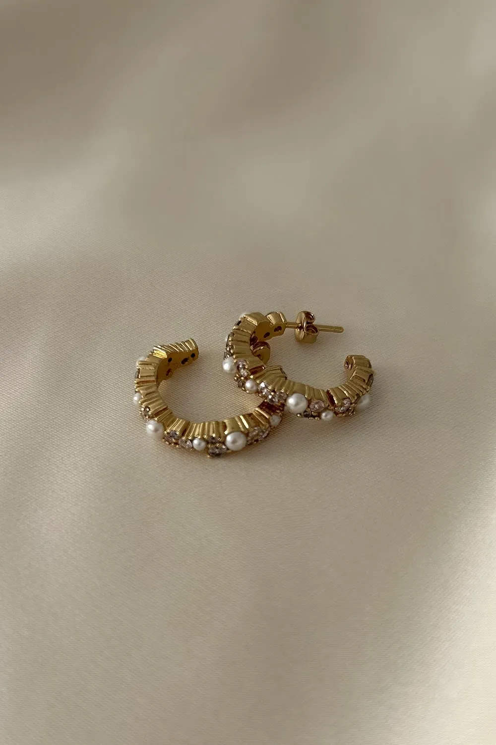 Pearl Zirconia Hoops 14K Gold Plated