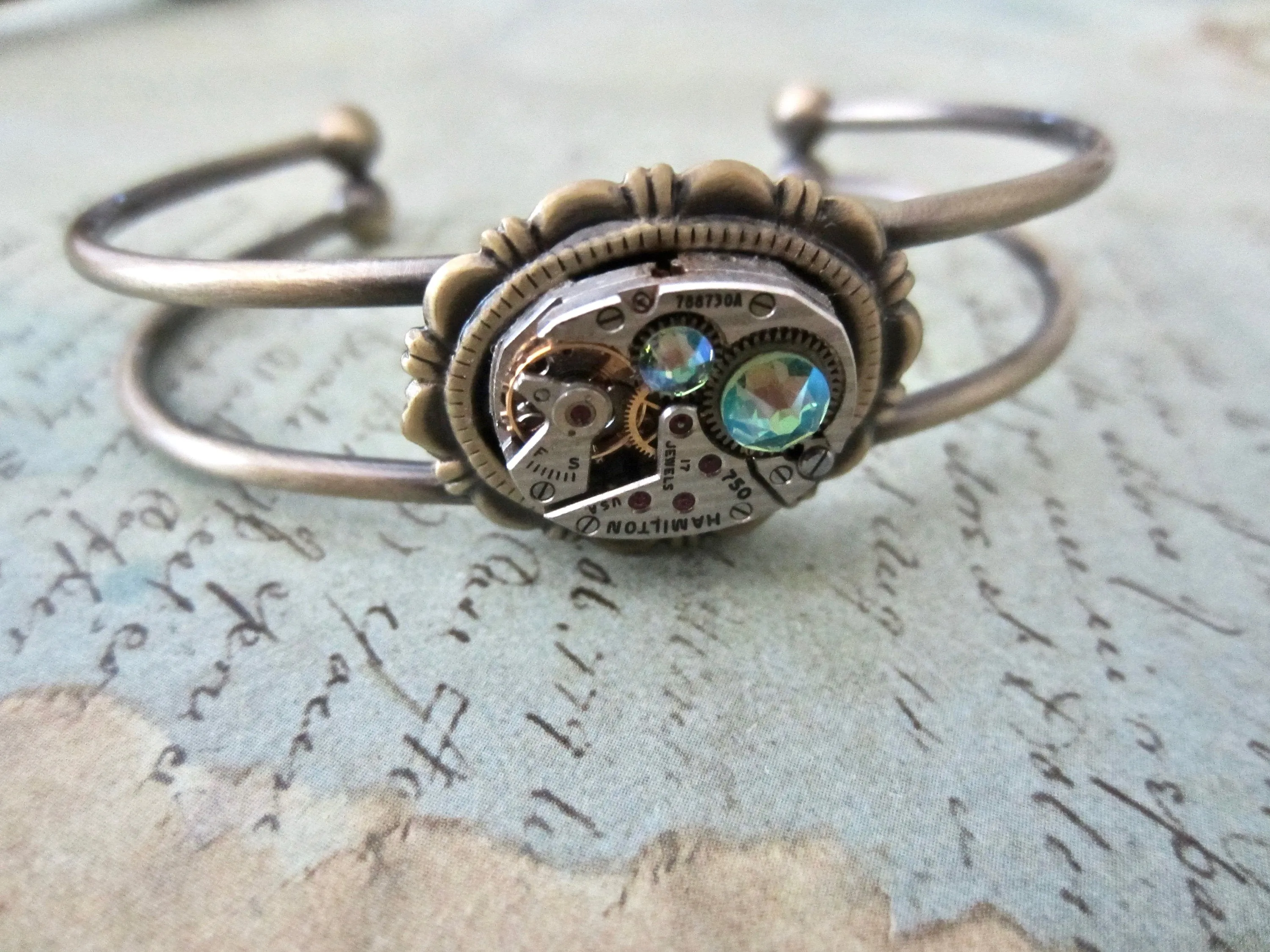 Peridot Shimmer cuff Bracelet - Steampunk - In the Works - Steampunk watch parts cuff - August Birthstone - unique - one of a kind - cuff