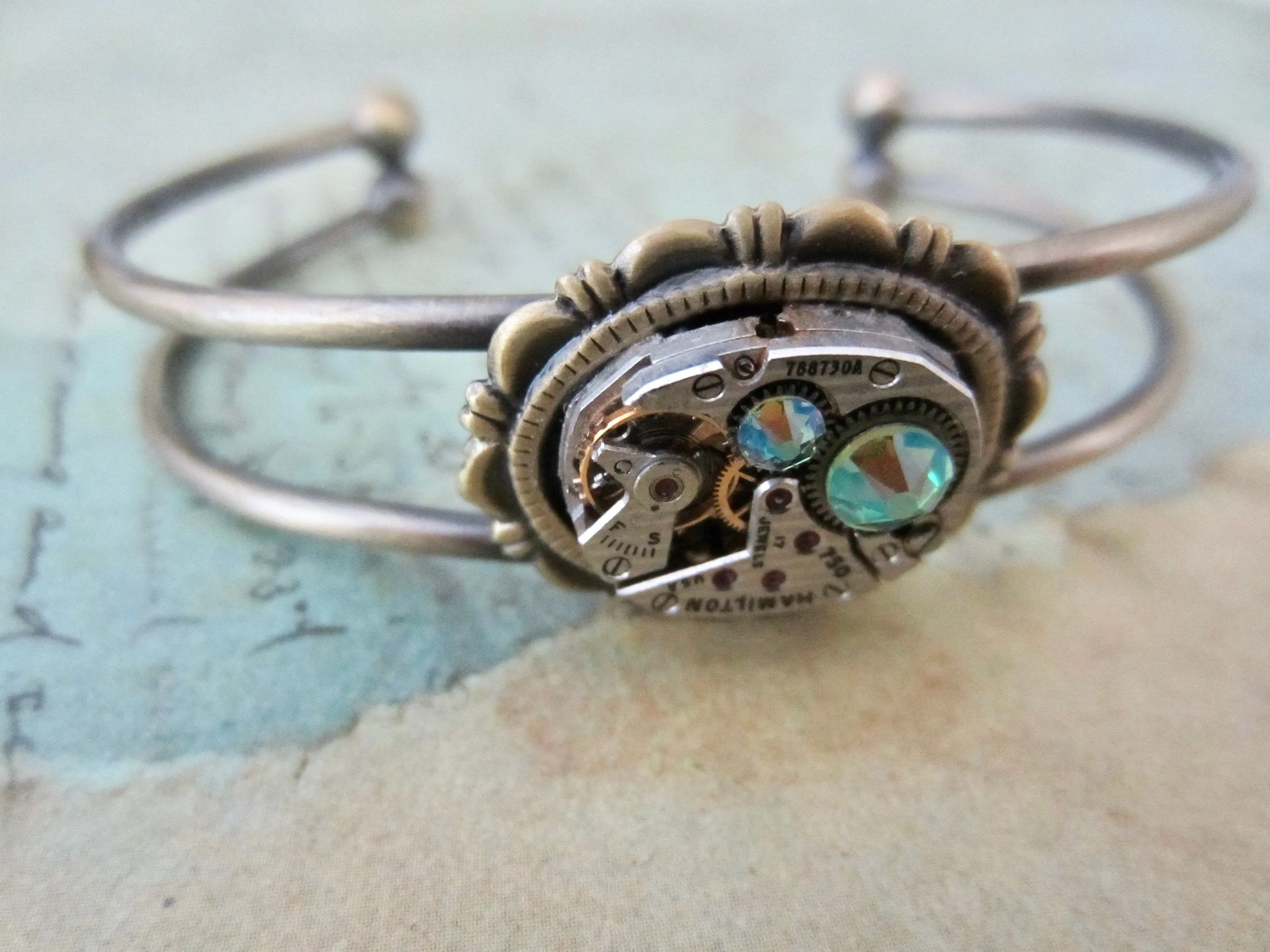 Peridot Shimmer cuff Bracelet - Steampunk - In the Works - Steampunk watch parts cuff - August Birthstone - unique - one of a kind - cuff