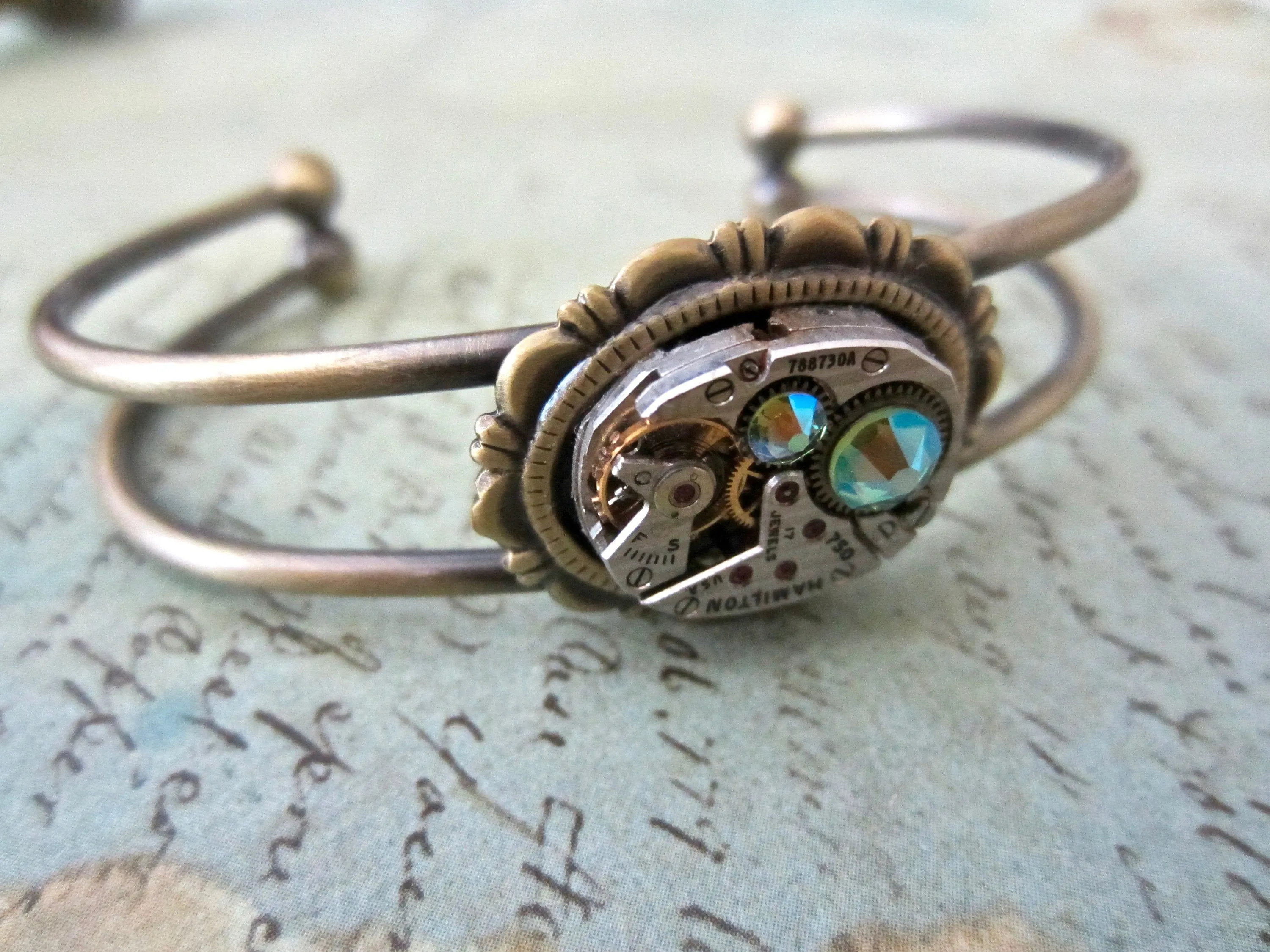 Peridot Shimmer cuff Bracelet - Steampunk - In the Works - Steampunk watch parts cuff - August Birthstone - unique - one of a kind - cuff