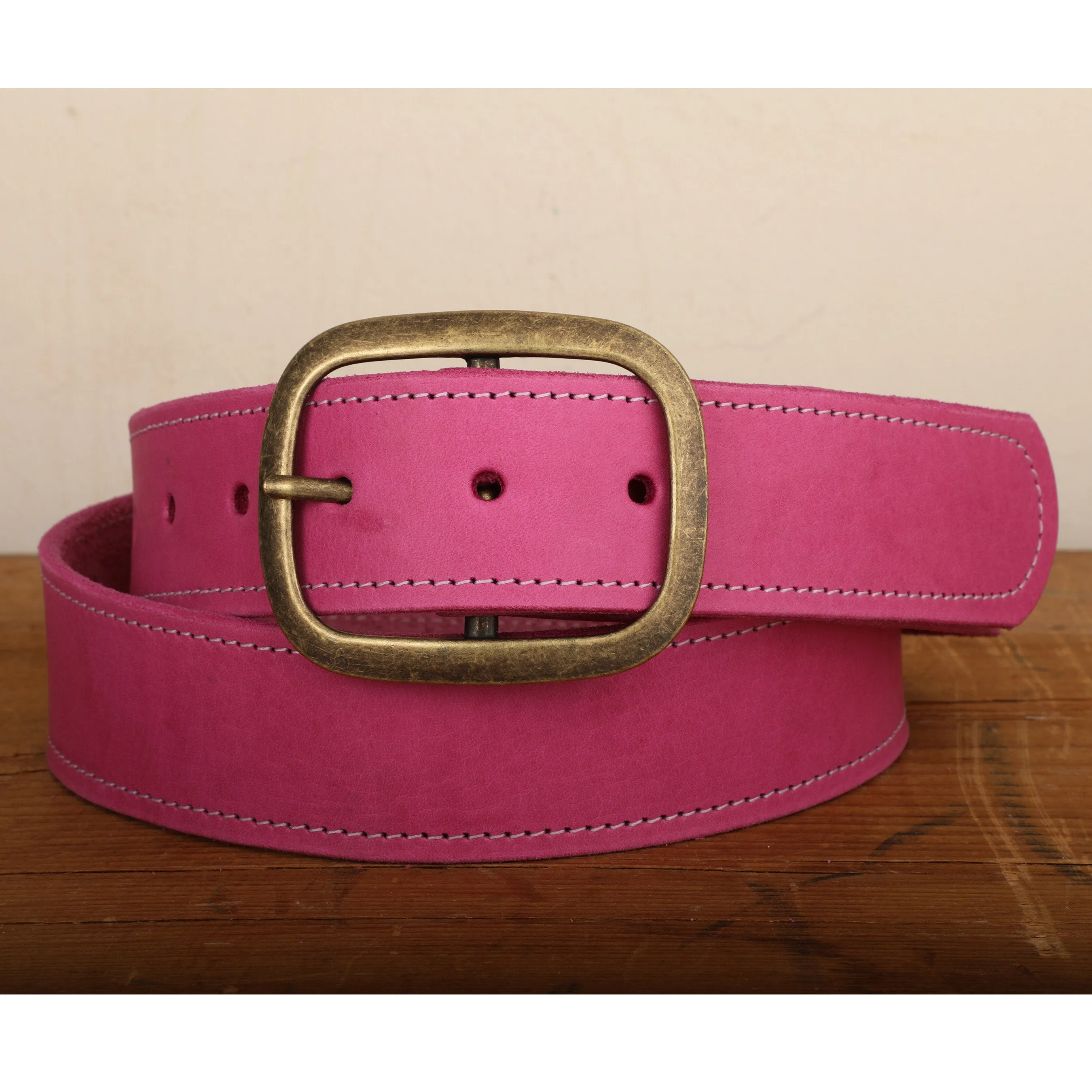 Pink Leather Belt with White Stitch and Antique Gold Tone Brass Buckle