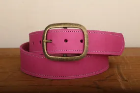 Pink Leather Belt with White Stitch and Antique Gold Tone Brass Buckle