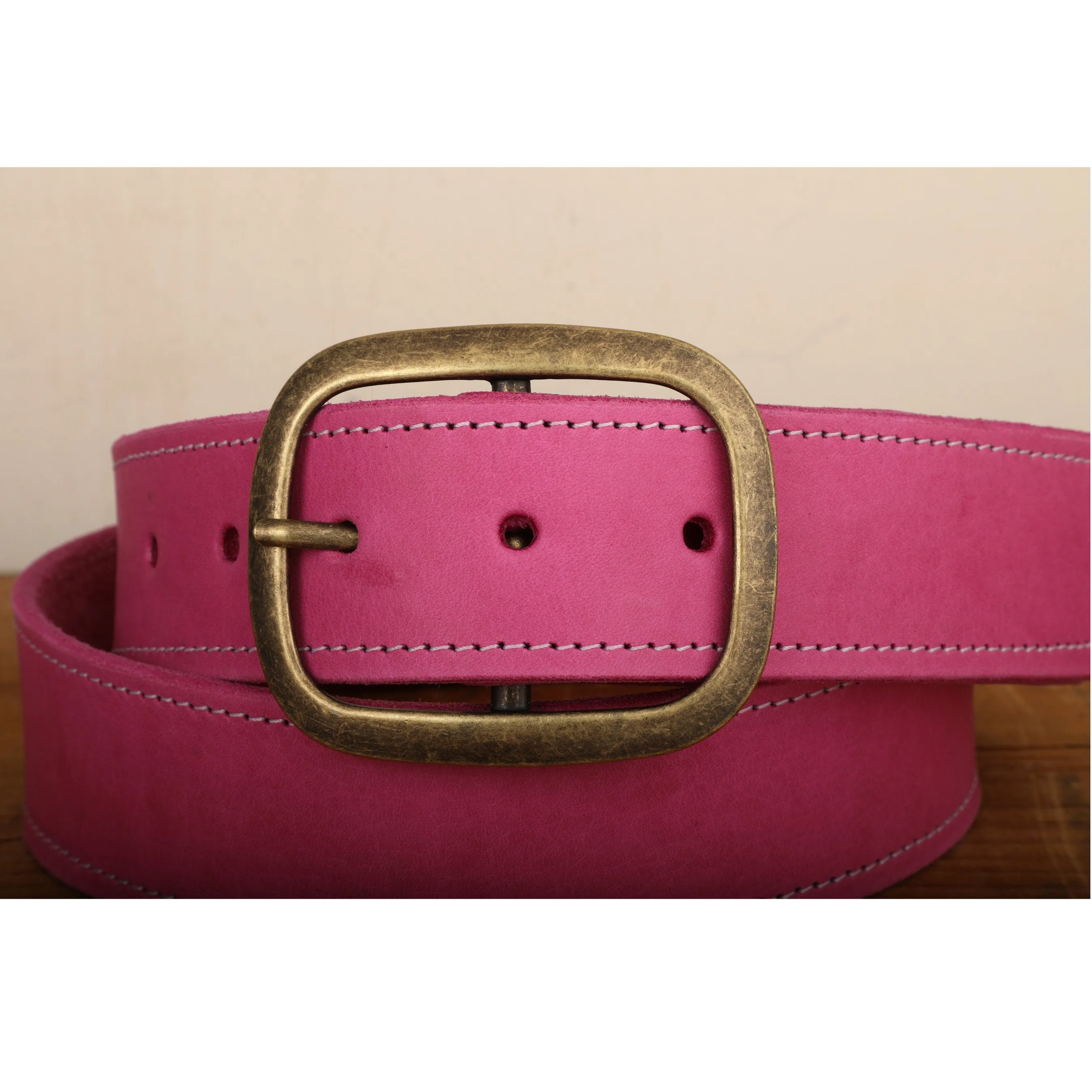 Pink Leather Belt with White Stitch and Antique Gold Tone Brass Buckle