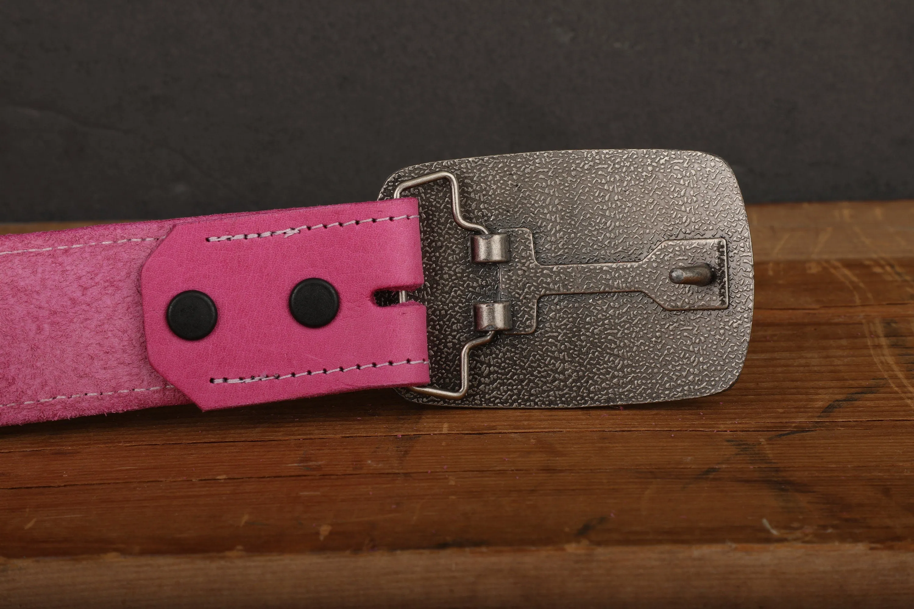Pink Leather Belt with White Stitch and Antique Gold Tone Brass Buckle