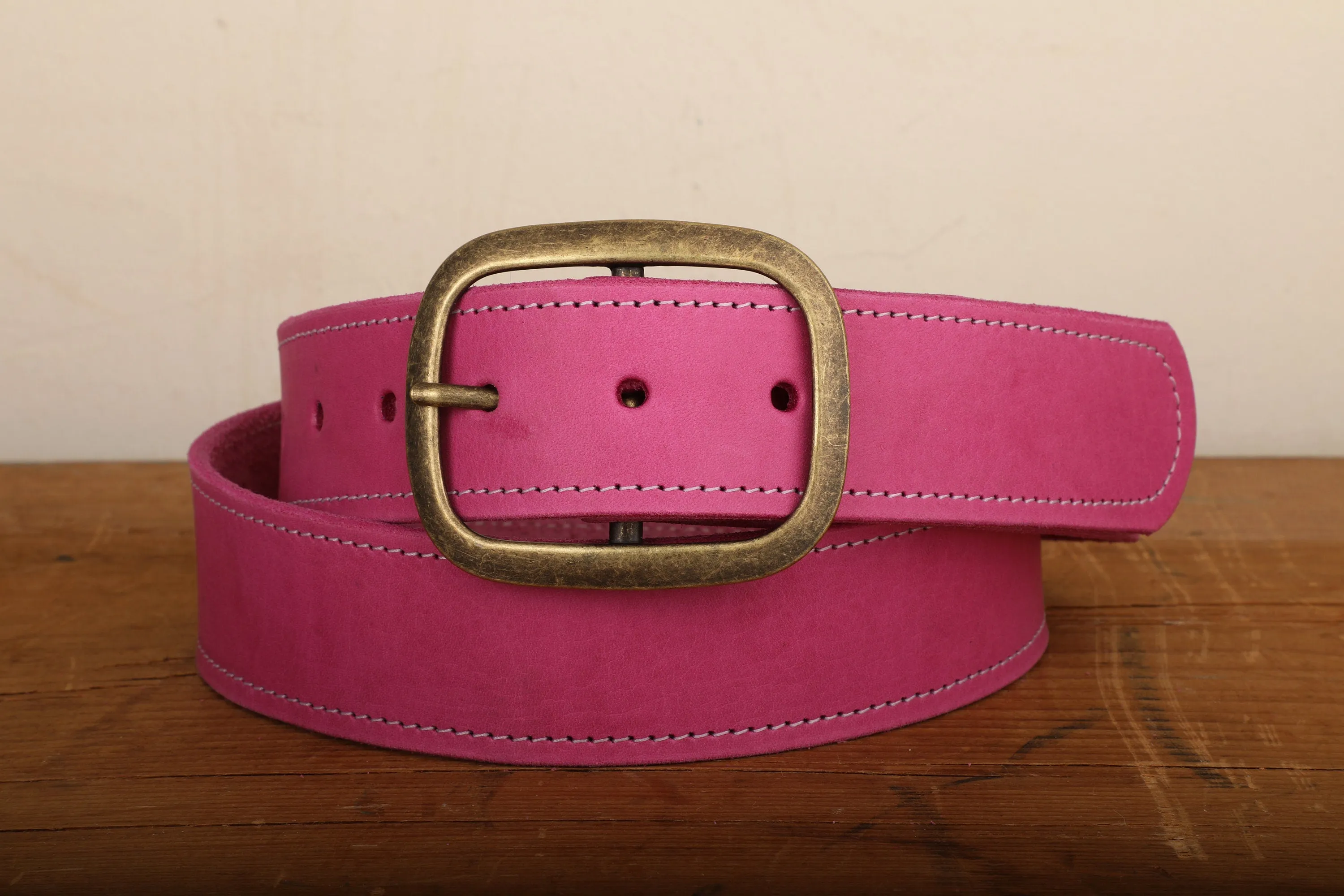 Pink Leather Belt with White Stitch and Antique Gold Tone Brass Buckle