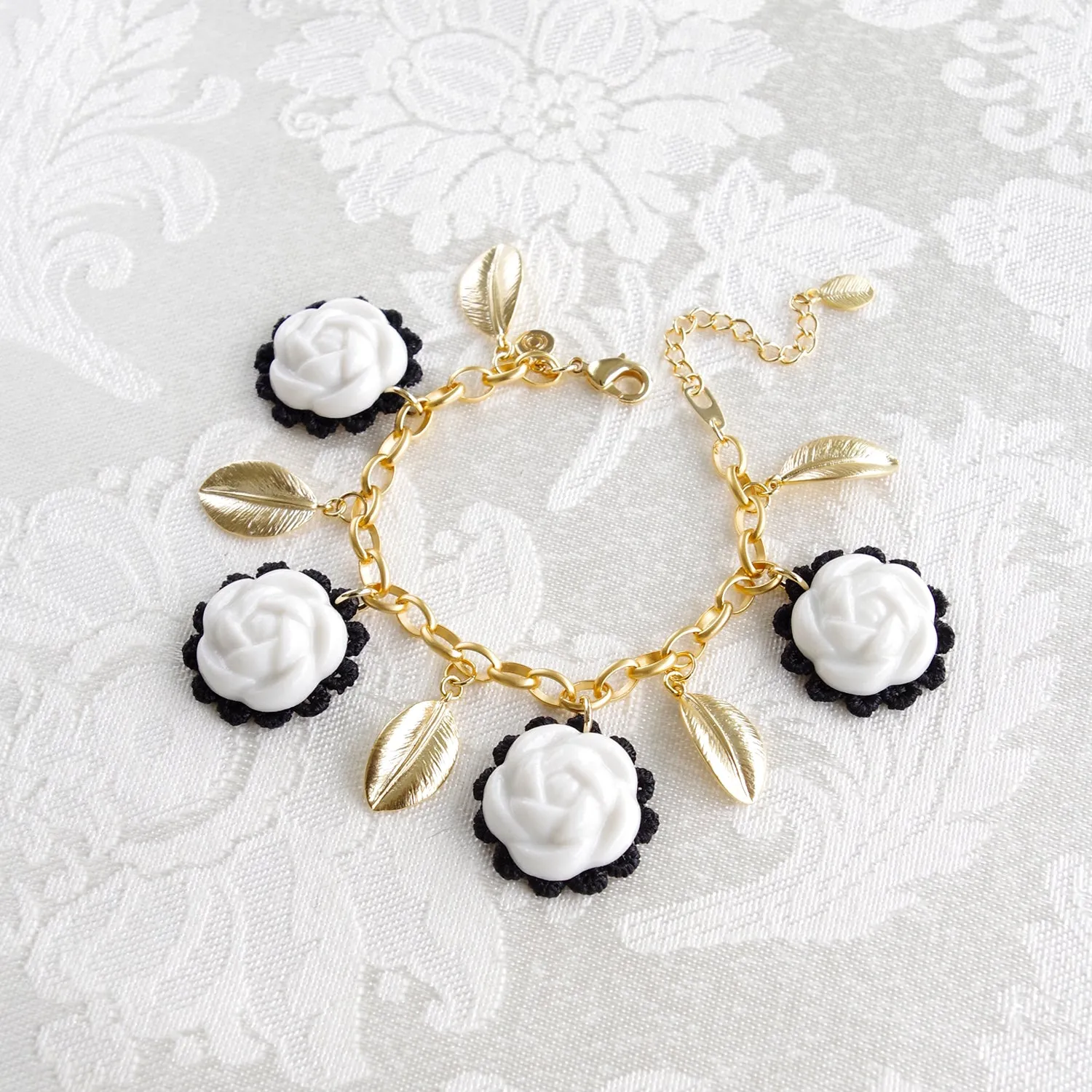 Porcelain Camellias And Golden Leaves Bracelet