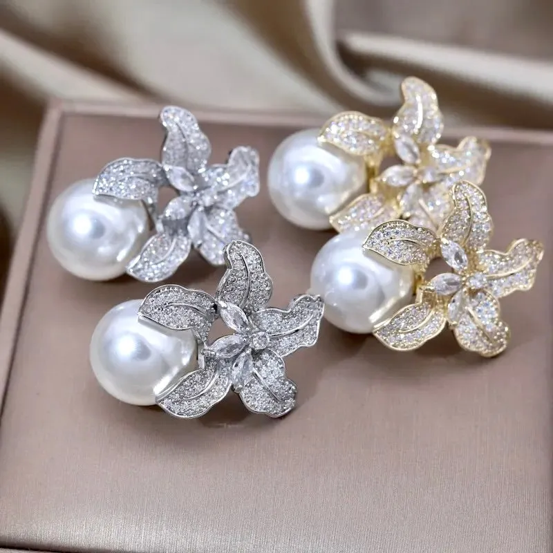 "Noelani" - Orchid Pearl and Cubic Zirconia Bridal Earrings - Available in Silver and Gold
