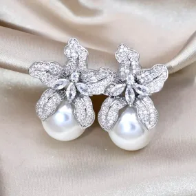 "Noelani" - Orchid Pearl and Cubic Zirconia Bridal Earrings - Available in Silver and Gold