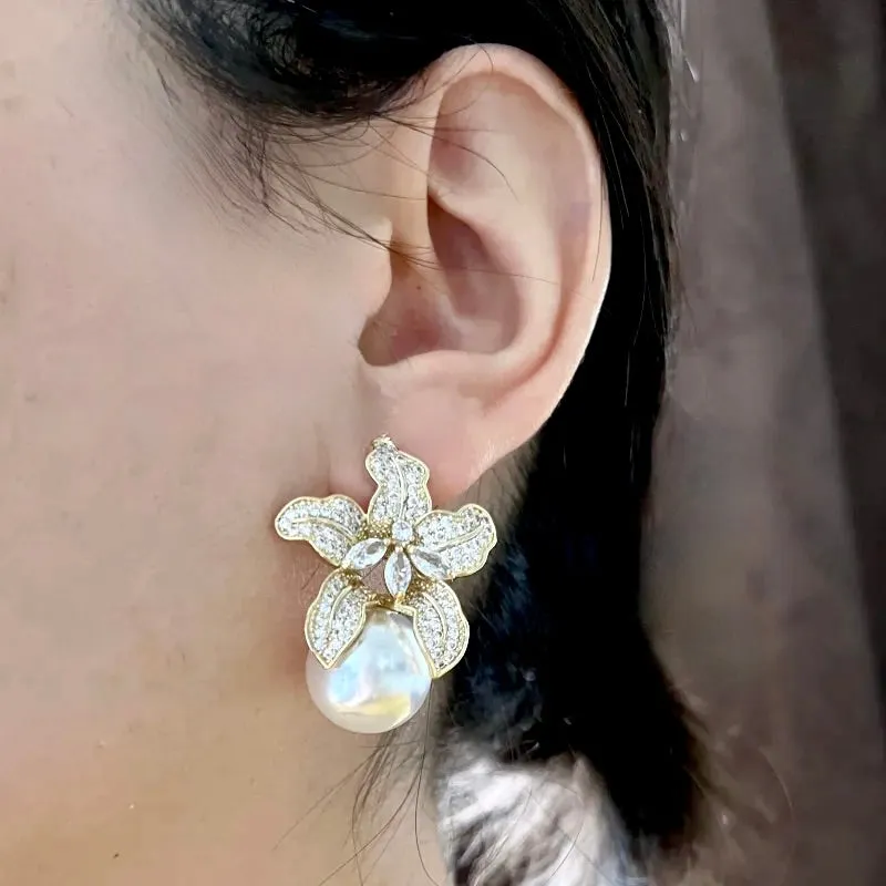 "Noelani" - Orchid Pearl and Cubic Zirconia Bridal Earrings - Available in Silver and Gold