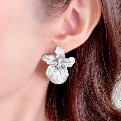 "Noelani" - Orchid Pearl and Cubic Zirconia Bridal Earrings - Available in Silver and Gold