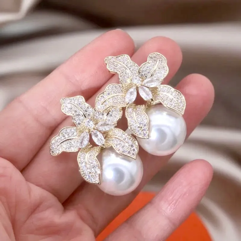 "Noelani" - Orchid Pearl and Cubic Zirconia Bridal Earrings - Available in Silver and Gold