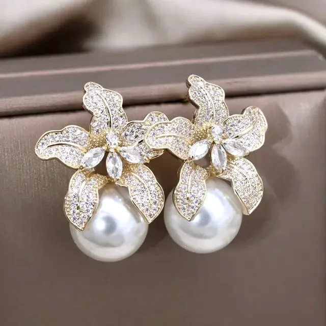 "Noelani" - Orchid Pearl and Cubic Zirconia Bridal Earrings - Available in Silver and Gold