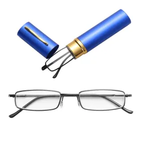 Reading Glasses Metal Spring Foot Portable Presbyopic Glasses with Tube Case  1.00D(Blue)